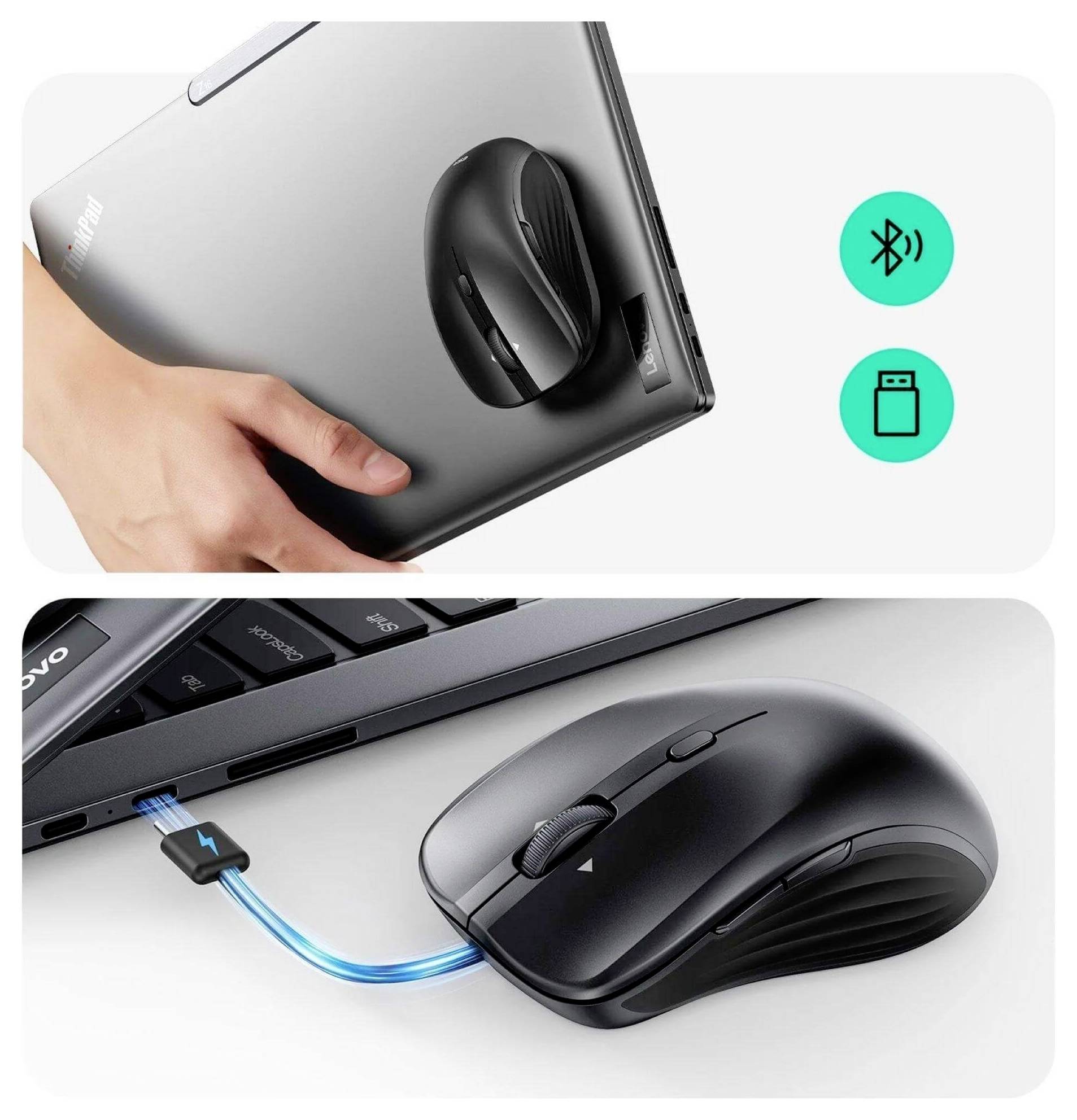 Odpojitelná bezdrátová myš připojená k notebooku, zobrazující možnosti připojení přes Bluetooth a USB. Další obrázek ukazuje nabíjení myši.
