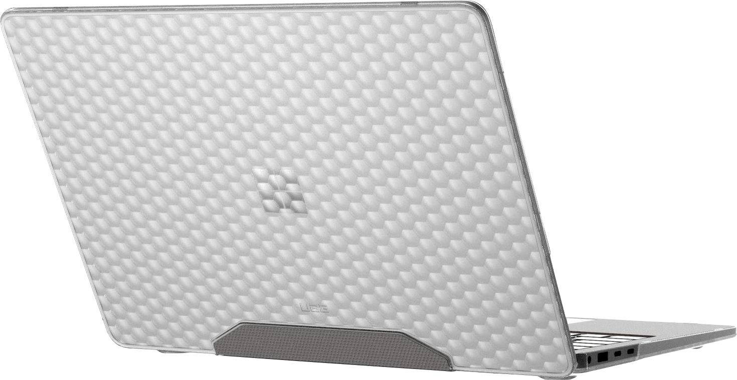 Elegantní stříbrný notebook s texturovaným vzorem na zadní straně, částečně otevřený, ukazující část klávesnice a boční porty.