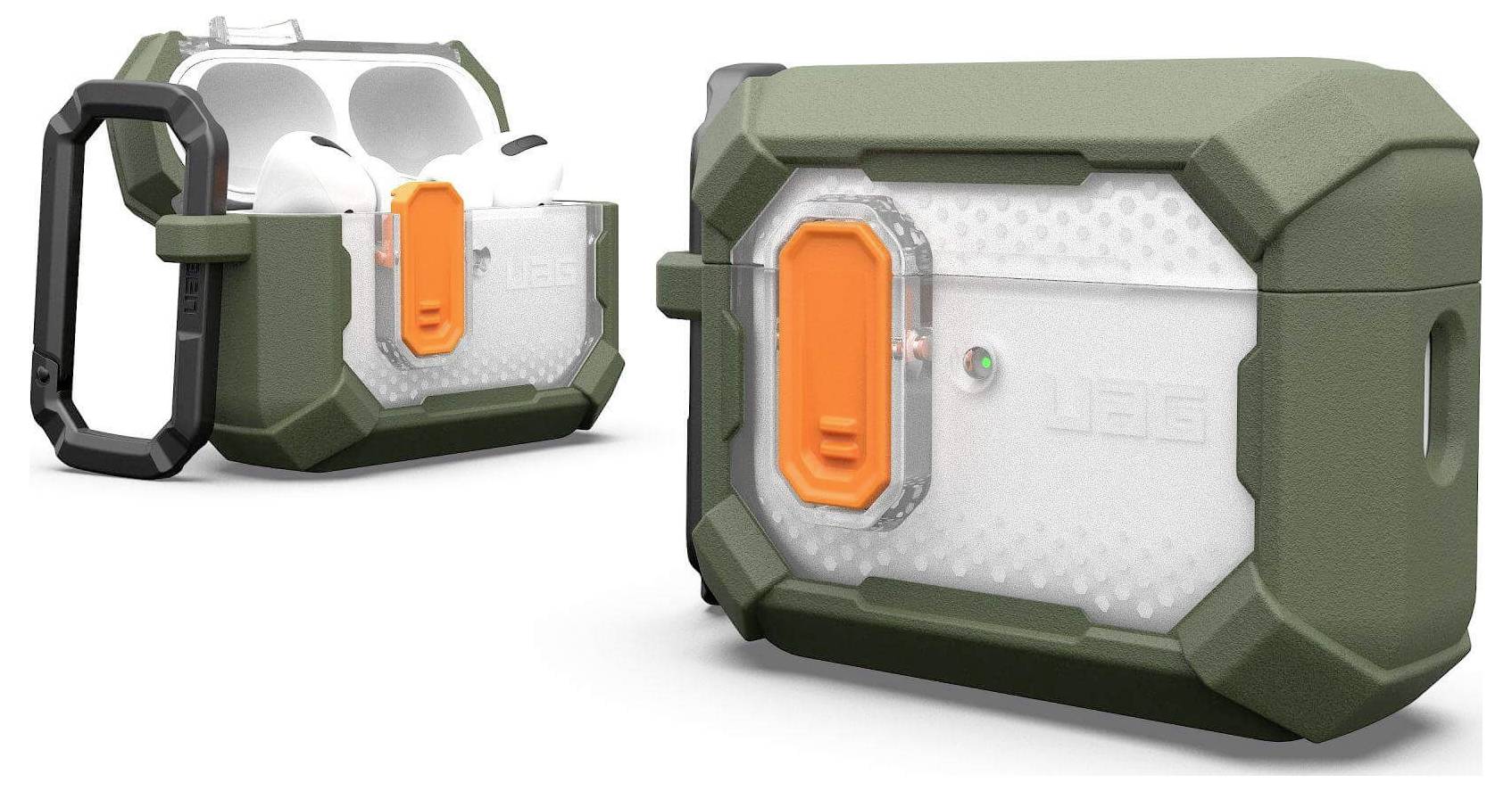 Odolný obal UAG pro AirPods v olivové a oranžové barvě, zobrazující otevřený a zavřený stav. Odolný design pro ochranu.