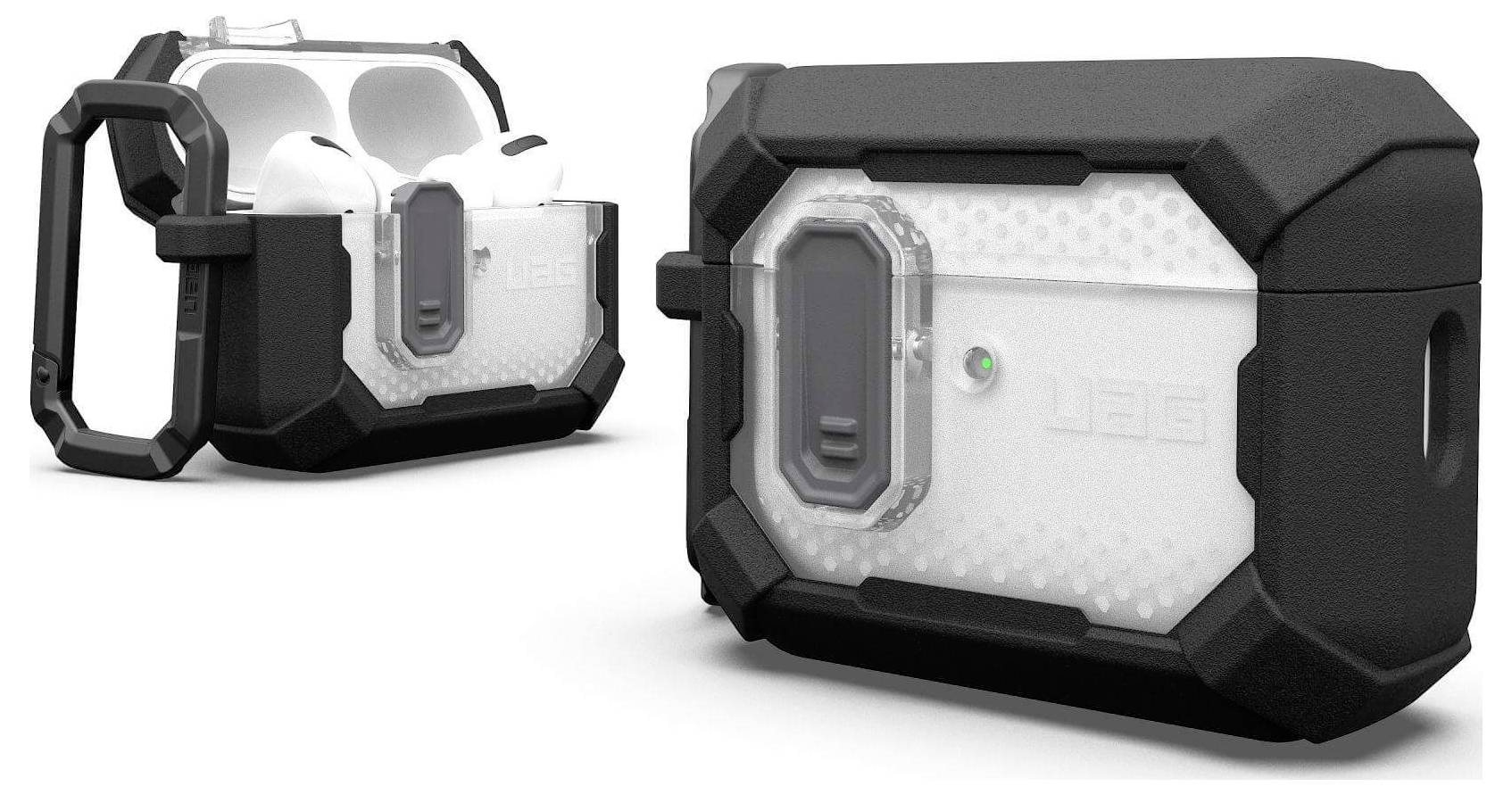 Ochranné černobílé pouzdra UAG pro AirPods se zemitým designem, bezpečnou sponou a důrazem na odolnost.