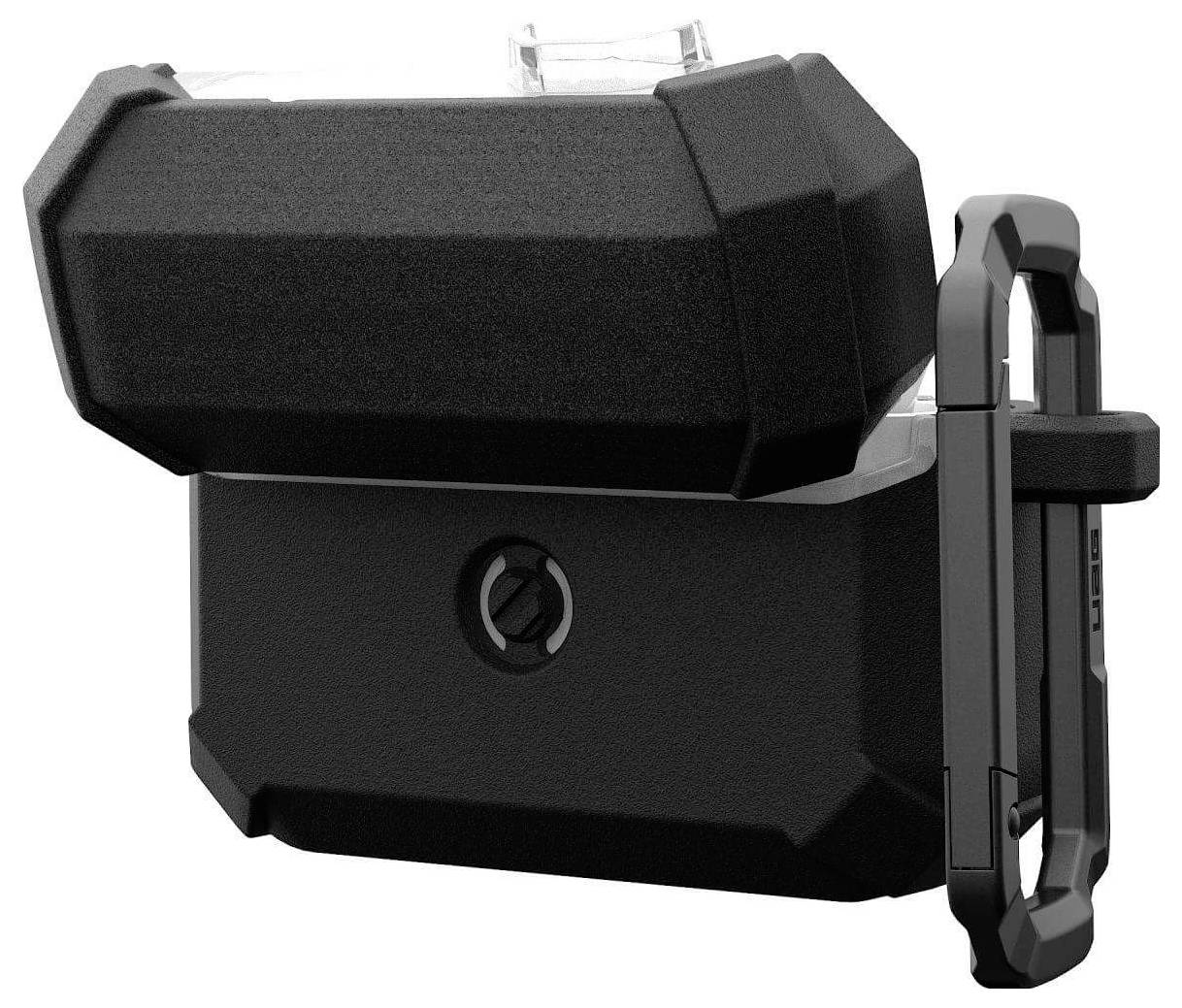 Černý, robustní ochranný kryt s klipem navržený pro bezpečné držení kamerky GoPro, s šestiúhelníkovým designem a pevnou konstrukcí.