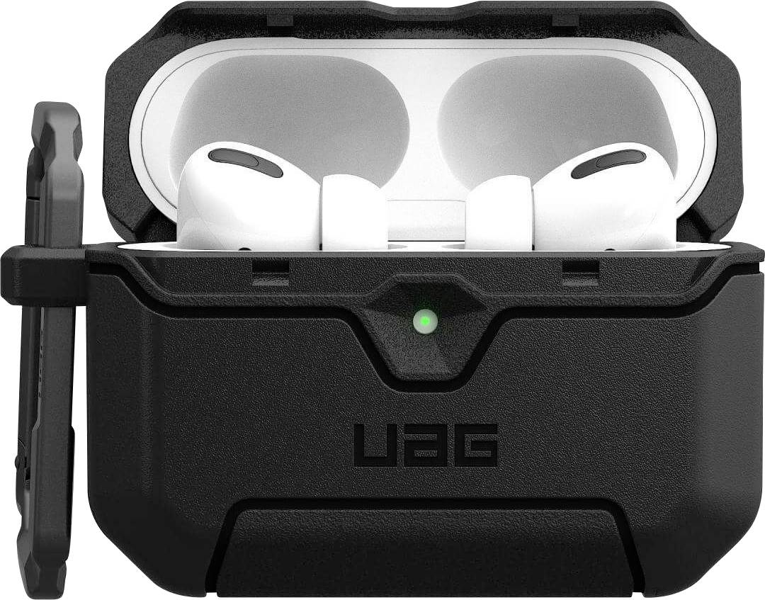"AirPods Pro" v černém odolném ochranném pouzdru se zeleným indikátorem nabíjení na přední straně, víko otevřeno.