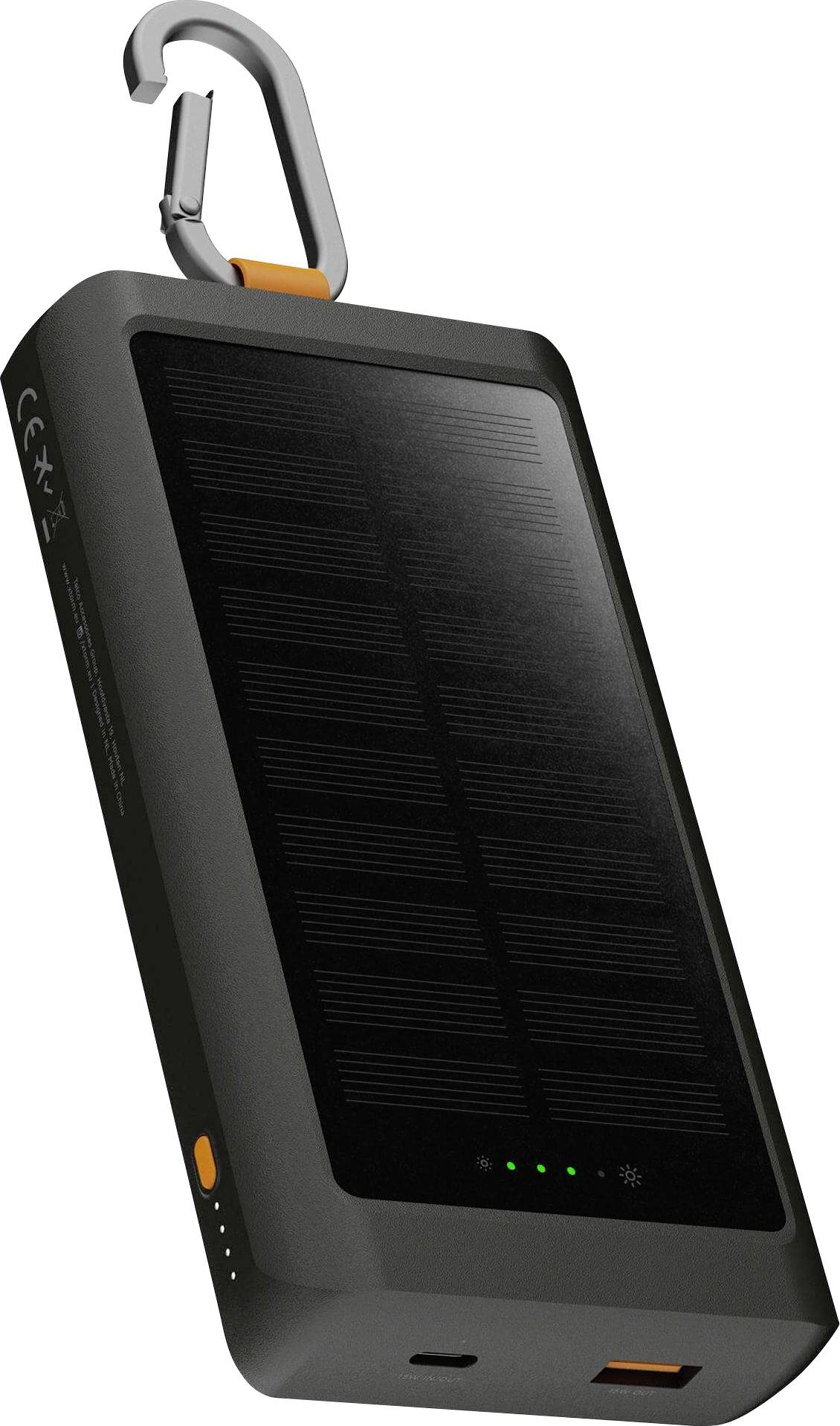 Přenosná solární powerbanka s karabinou, osazená solárním panelem a LED indikátory úrovně nabití baterie.