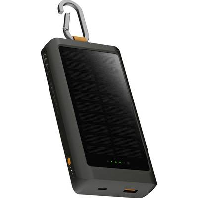 Přenosná solární powerbanka s karabinou, osazená solárním panelem a LED indikátory úrovně nabití baterie.