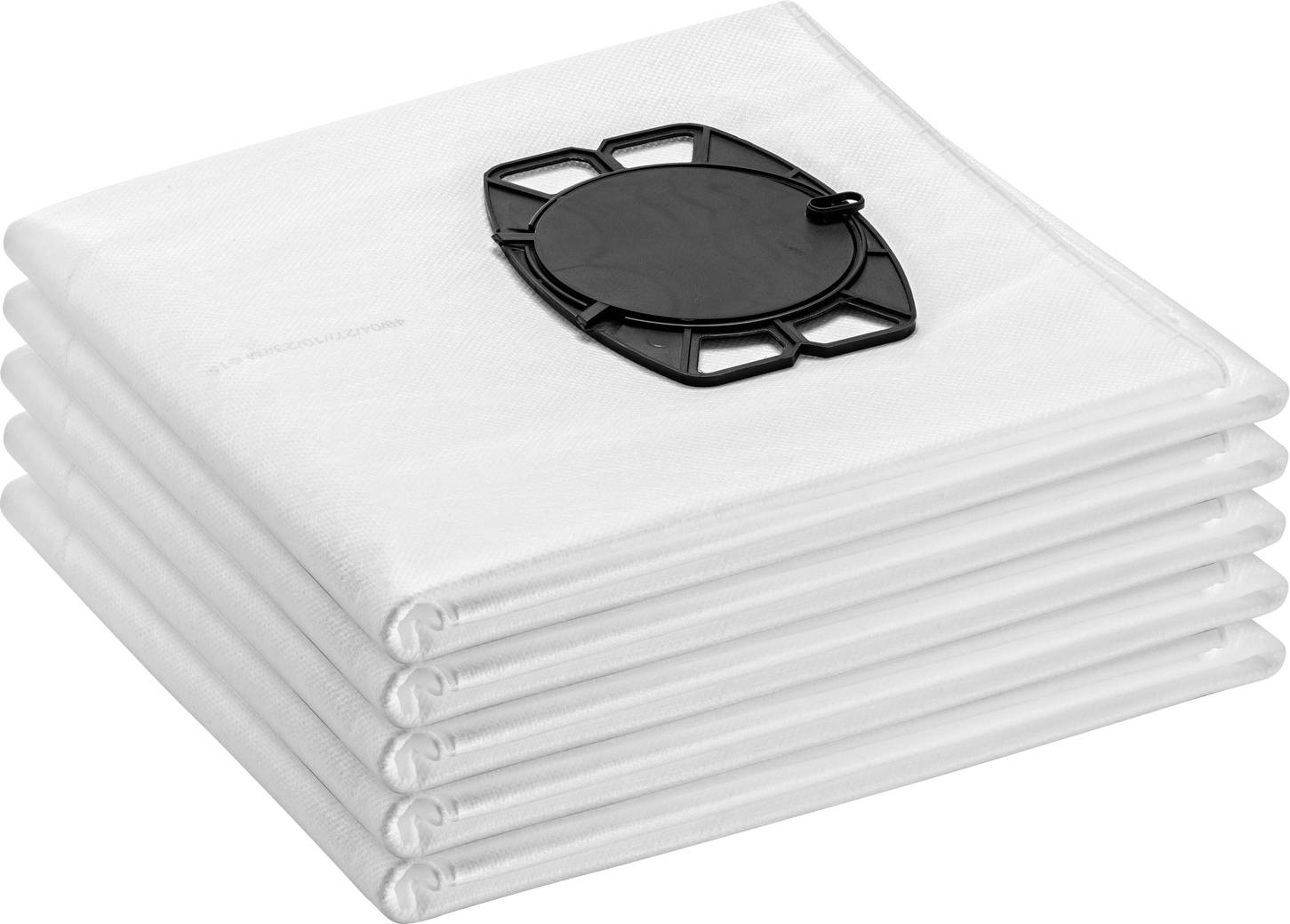Hromada pěti složených bílých sáčků do vysavače s černou plastovou přední součástkou nahoře.