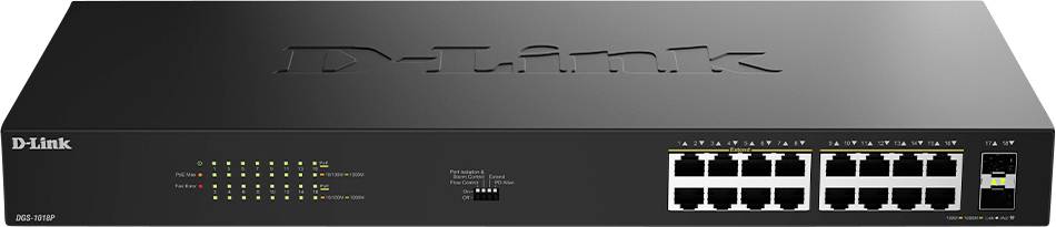Černý síťový přepínač D-Link, model DGS-1016D, se 16 porty Ethernet a indikátory LED, který se používá pro připojení více zařízení v síti.