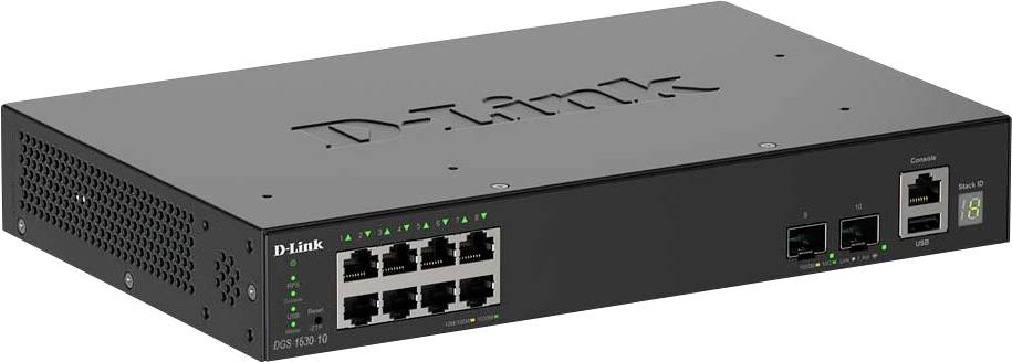 Černý síťový přepínač D-Link s 10 porty Ethernet, jedním konzolním portem a dvěma porty SFP na přední straně, zobrazující indikátory LED.