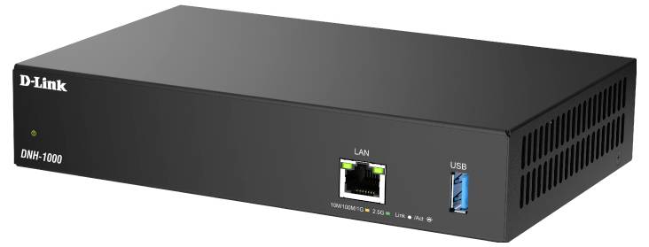 Černé síťové zařízení D-Link DNH-1000 s porty LAN a USB na přední straně.