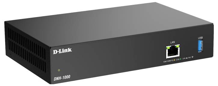 Síťový rozbočovač 'D-Link DNH-1000' se zásuvkami LAN a USB viditelný na přední straně zařízení.