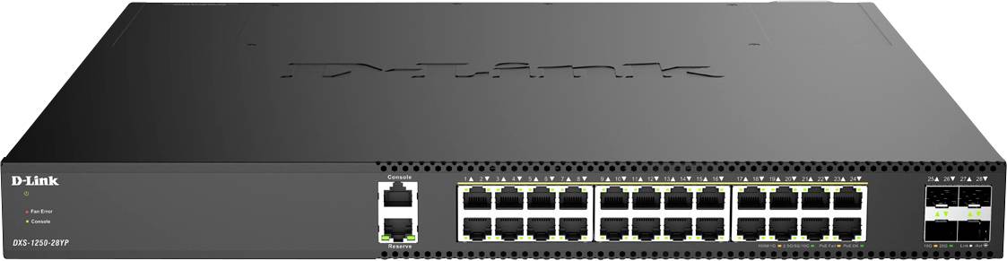 Síťový přepínač D-Link s 24 síťovými porty a 4 dodatečnými uplinkovými porty, vhodný pro síťování v kancelářských prostředích.