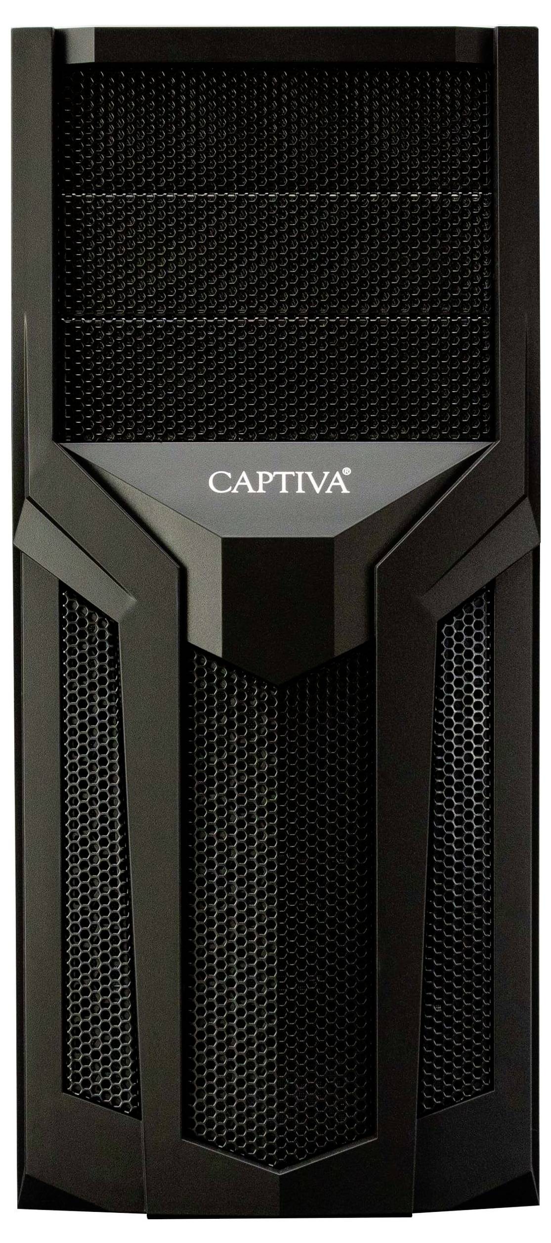 Černá počítačová věž Captiva s mřížkovaným předním panelem a úhlovaným designem.