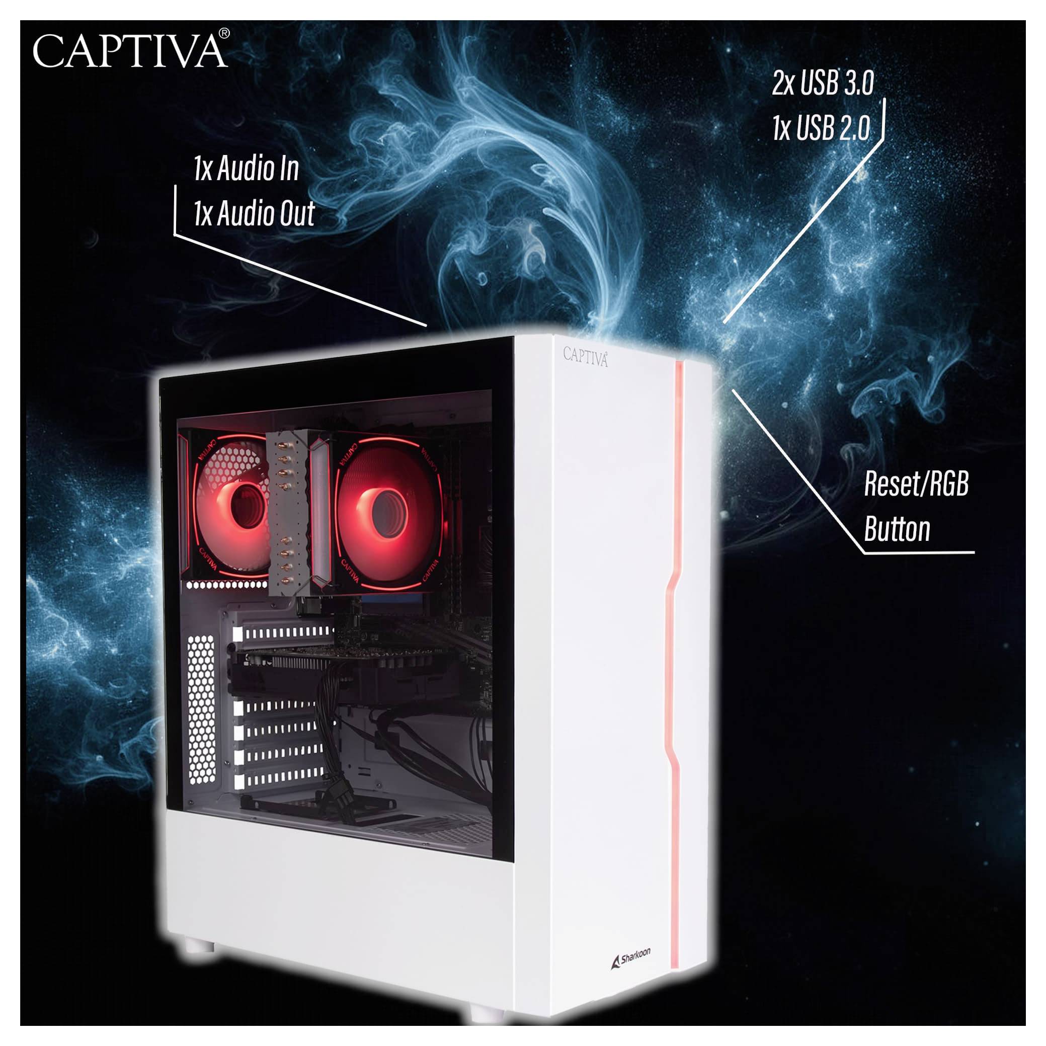 Bílá počítačová věž s červeně osvětlenými ventilátory, popisované porty zahrnují "1x Audio In", "1x Audio Out", "2x USB 3.0", "2x USB 2.0" a tlačítko RGB/Reset.