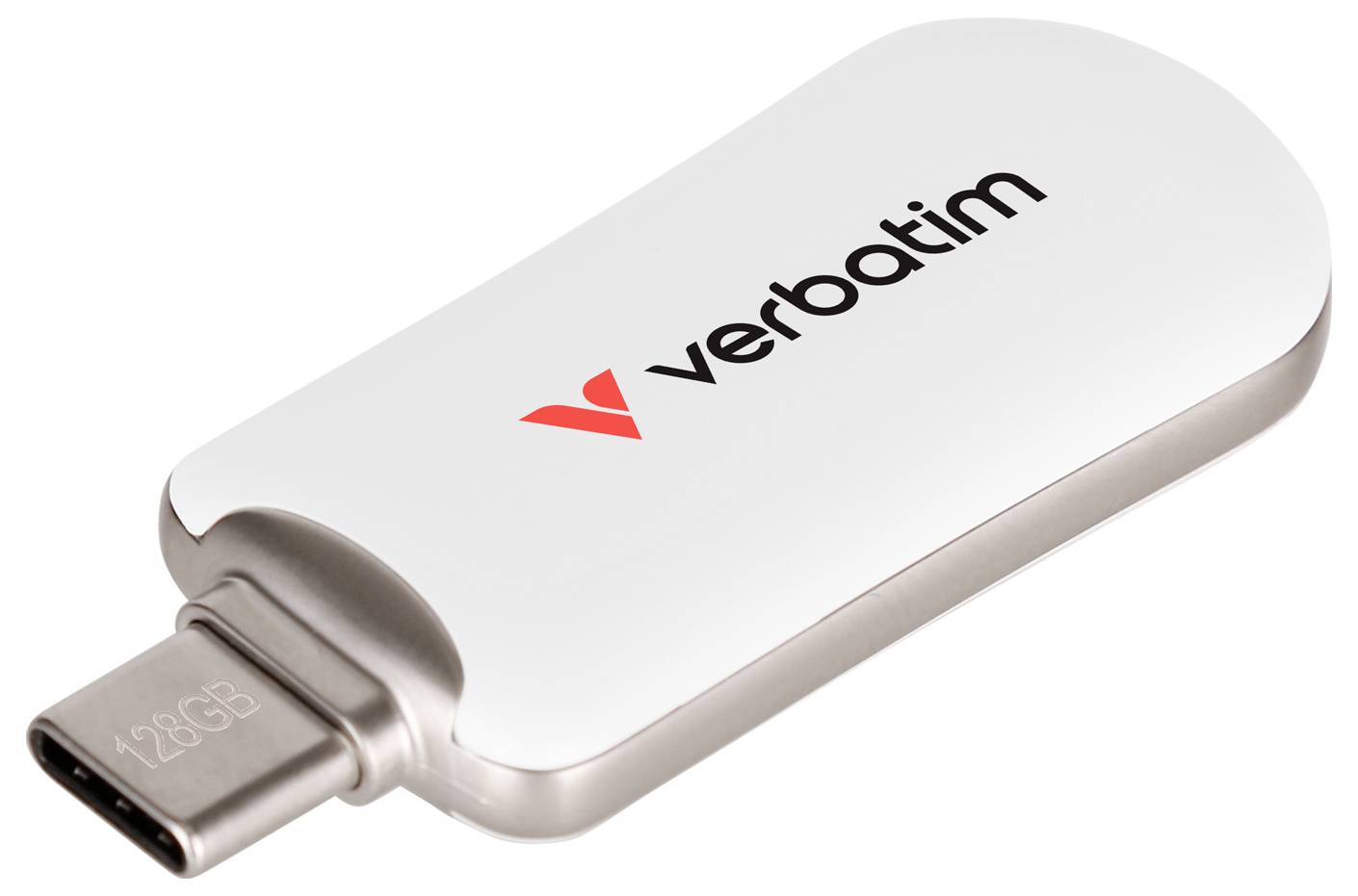 Verbatim 128GB USB-C flash disk na bílém pozadí.