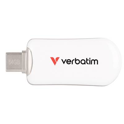 Bílá flash disk Verbatim 64GB s konektorem USB-C zobrazená na prostém pozadí.