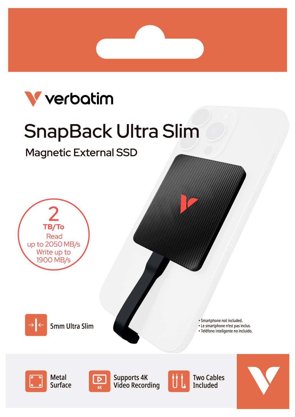 Verbatim SnapBack Ultra Slim magnetický externí SSD obal, zobrazující 2 TB/TB a až 2050 MB/s čtení, 1900 MB/s zápis, s 5 mm ultra tenký design a dva včetěné kabely.