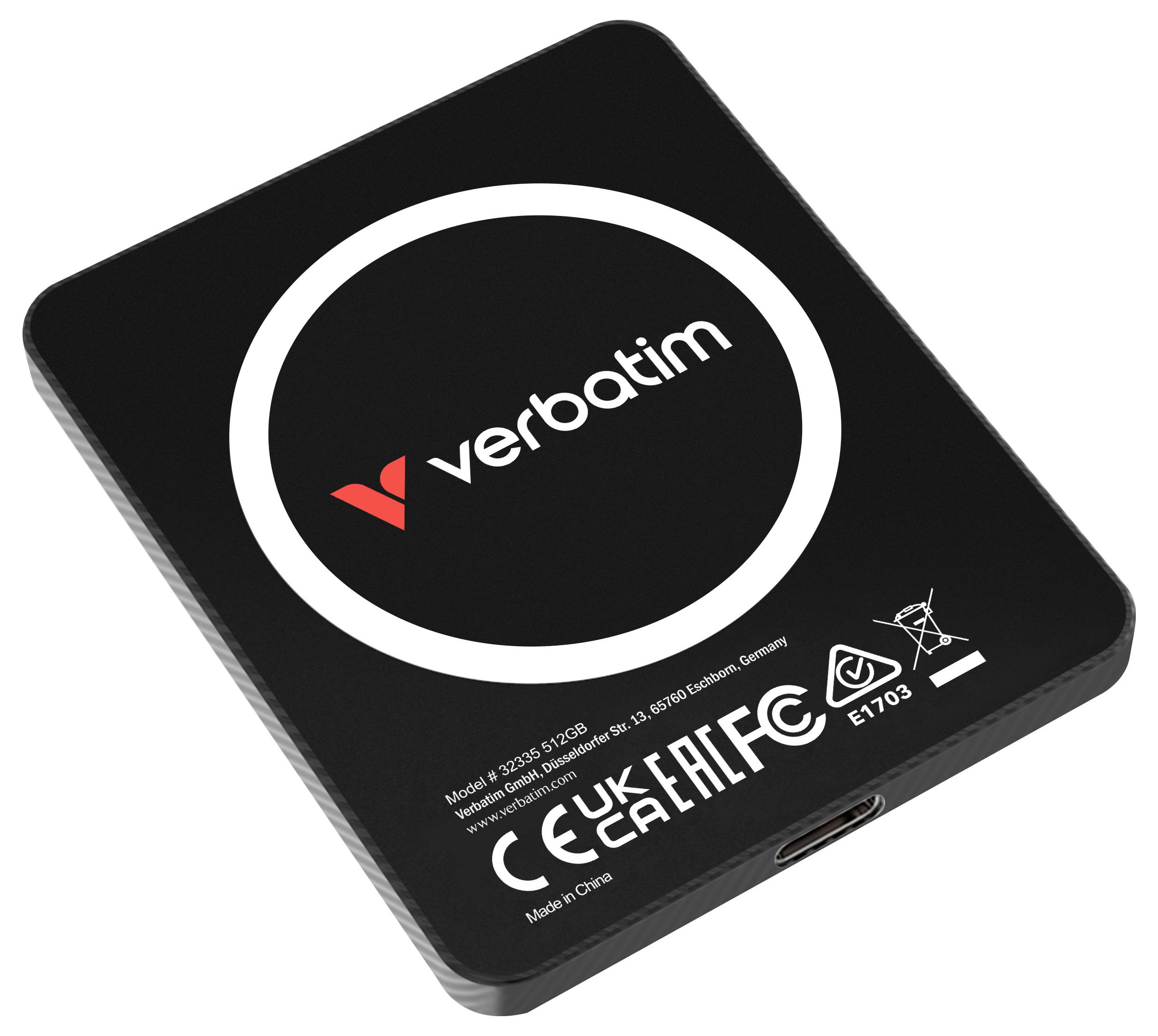 Černá přenosná SSD Verbatim s kulatým logem, port USB-C viditelný v dolní části.