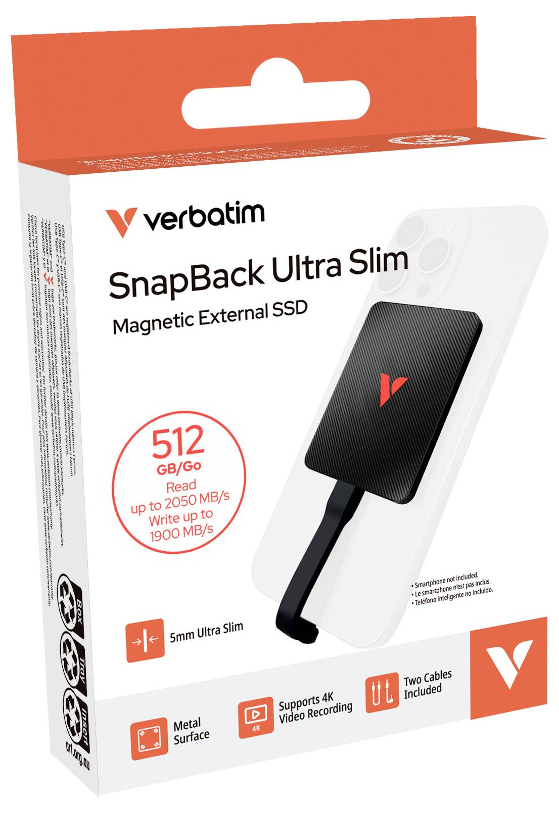 Verbatim SnapBack Ultra Slim magnetický externí SSD, balení s kapacitou 512 GB/Go, čtení až 2050 MB/s a zápis 1900 MB/s, s dvěma kabely v balení.
