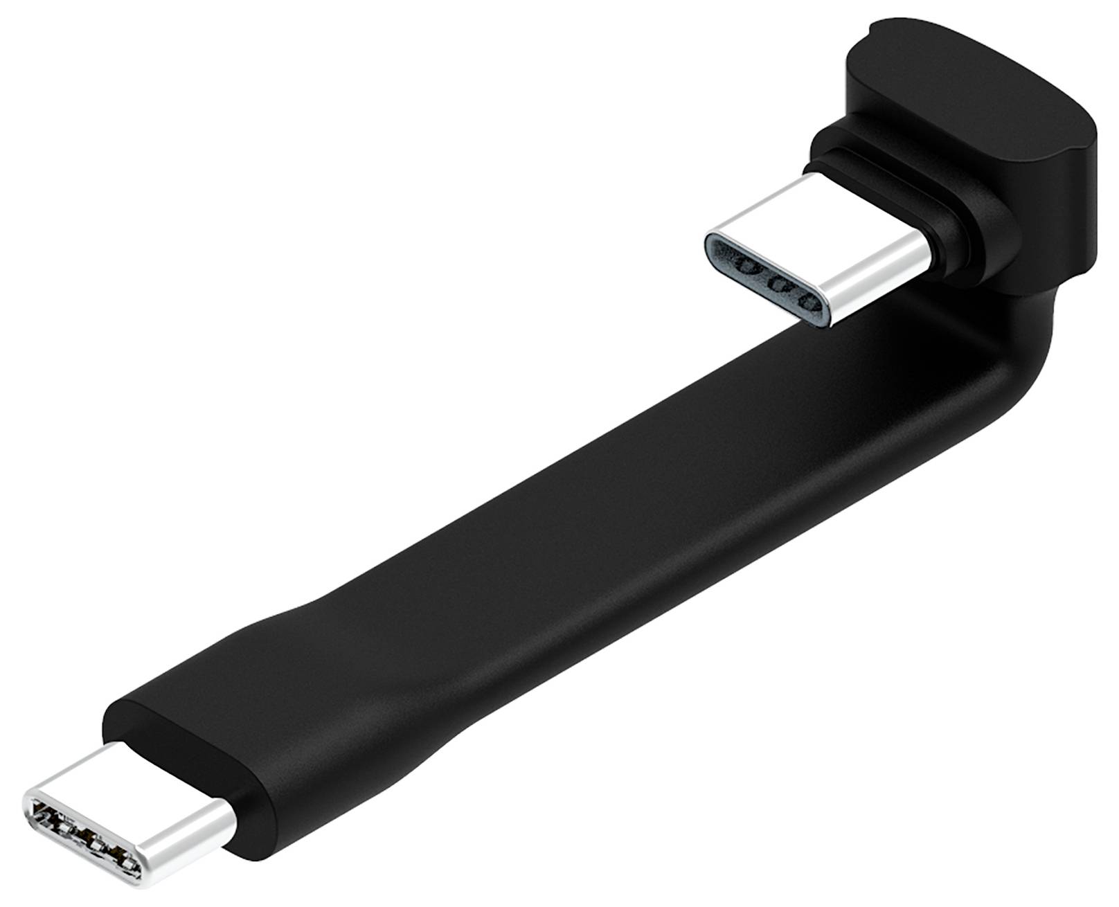 Černý adaptér USB-C s konektorem v pravém úhlu, zobrazený v izolaci na bílém pozadí.