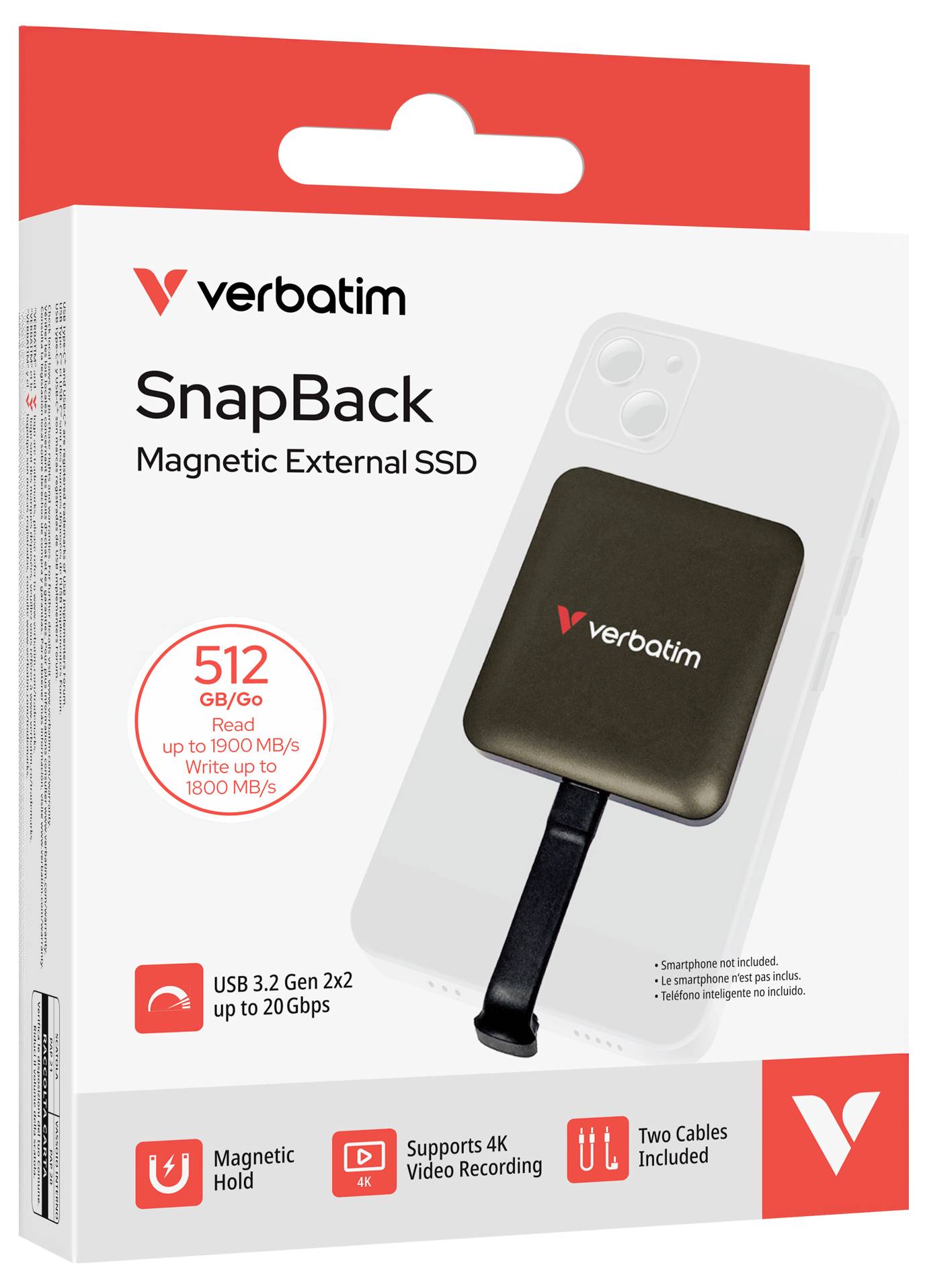 Balík externí SSD Verbatim SnapBack magnetická, 512GB, USB 3.2 Gen 2x2 až 20Gbps, podporuje záznam videa 4K, včetně dvou kabelů.