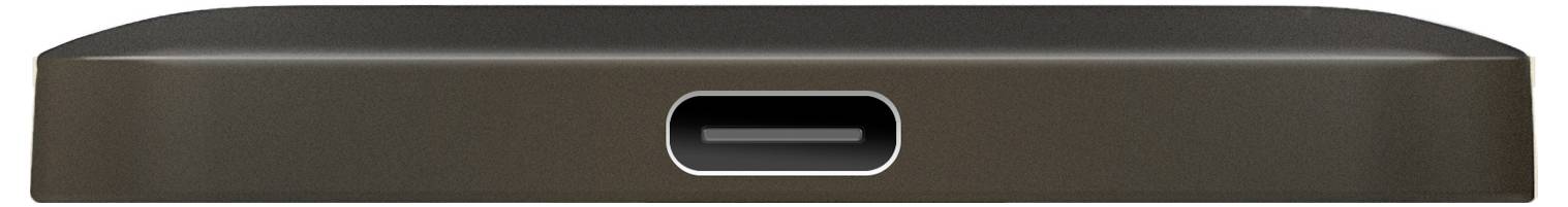 Detailní záběr na horní okraj tmavého zařízení, ukazující centrálně umístěný port USB-C pro nabíjení.
