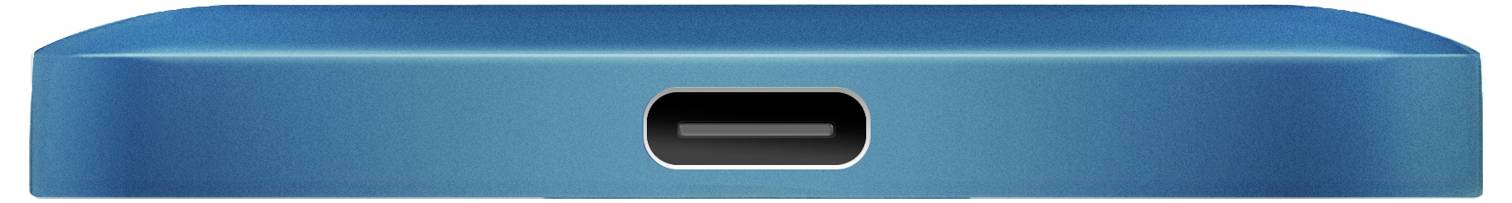 Detailní záběr na okraj tealového zařízení zobrazující centrálně umístěný port USB-C pro nabíjení.