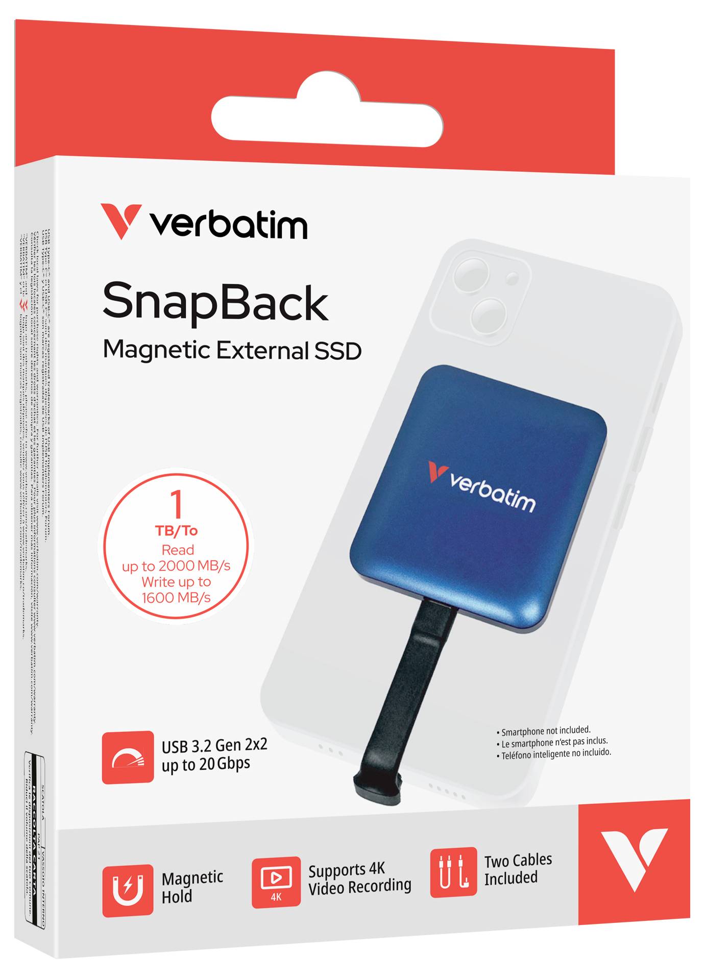 Verbatim SnapBack magnetický externí SSD obal, označený 1 TB a USB 3.2 Gen 2x2 až 20 Gbps, s nahráváním videa 4K a dvěma zahrnutými kabely.