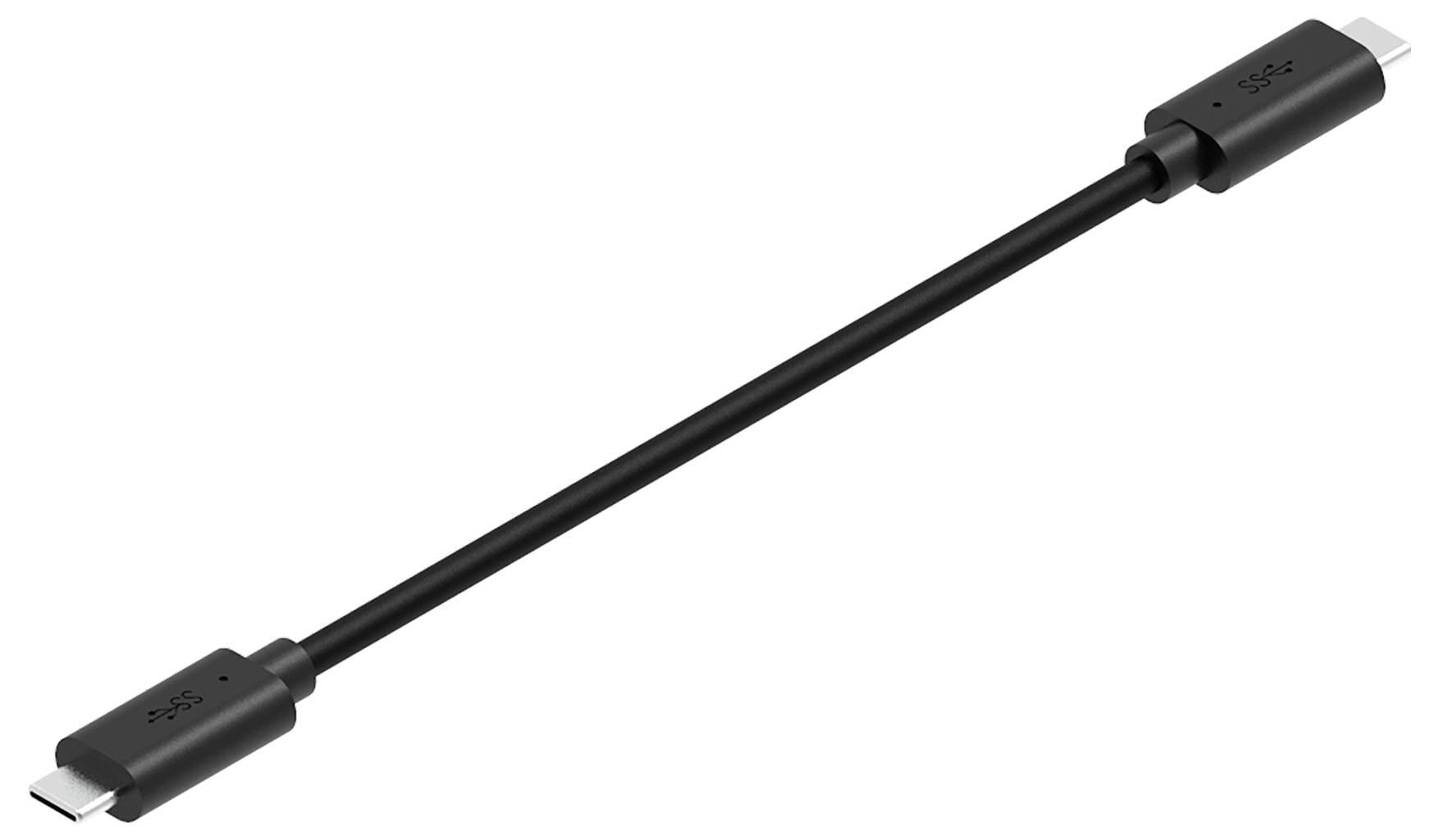 Černý kabel USB-C s konektory na obou koncích, zobrazený diagonálně na bílém pozadí.