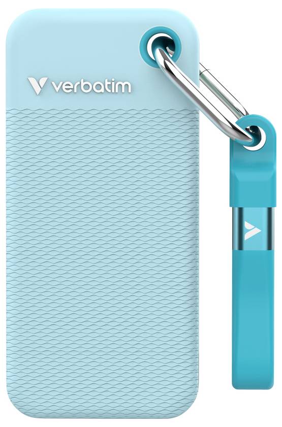 Tyrkysová USB flash disk Verbatim a k ní pasující kryt spojené kovovou karabinou.