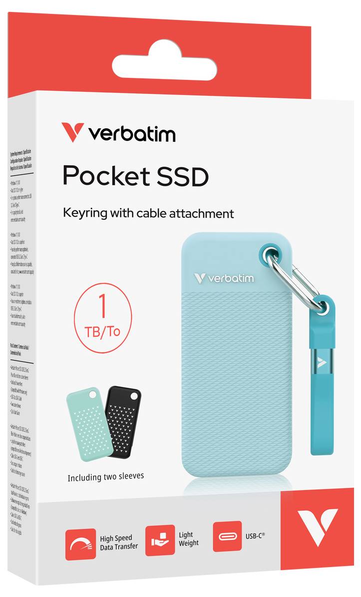 Obalování přenosného SSD disku Verbatim Pocket zobrazující tyrkysový klíčenkový disk s připojením kabelu, označený 1 TB/To a USB-C, se dvěma přiloženými pouzdry.