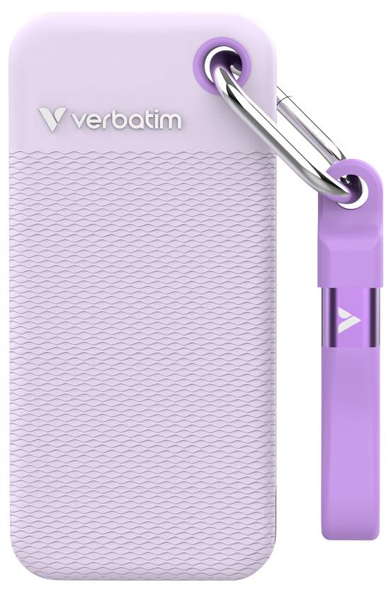 Přenosná jednotka Purple Verbatim s texturovaným pouzdrem a připojeným USB krytkem/přívěškem na klíče v odpovídající barvě.