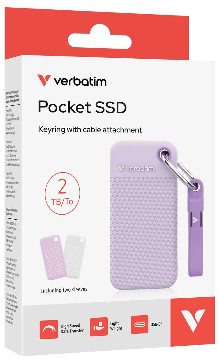 Obal Verbatim Pocket SSD zobrazující fialový externí disk ve stylu přívěsku na klíče s připojeným kabelem, označený 2 TB/To a USB-C.