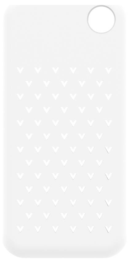 Minimalistický obal bílého smartphonu s velkou kruhovou výřezem pro fotoaparát a jemným opakujícím se vzorem V.