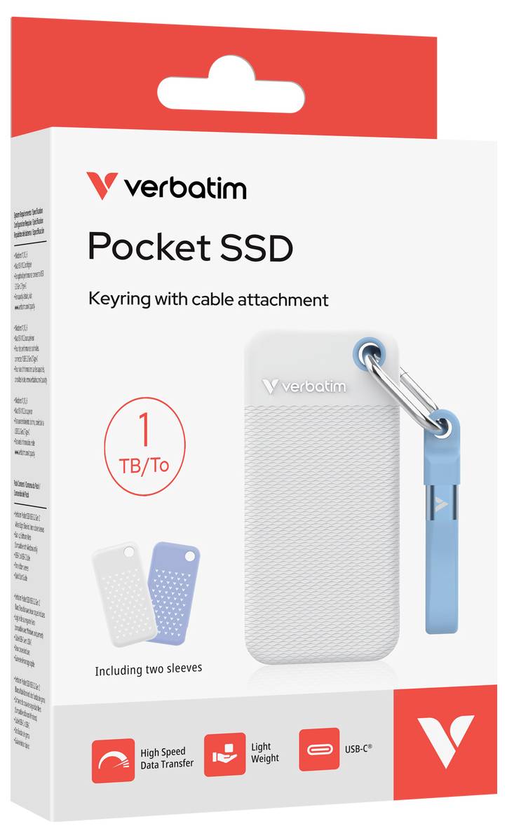 Kapesní přenosná SSD Verbatim s kroužkem na klíče a možností připojení kabelu, označená 1 TB/To, obsahuje dva ochranné pouzdra a USB-C přenos dat vysokou rychlostí.