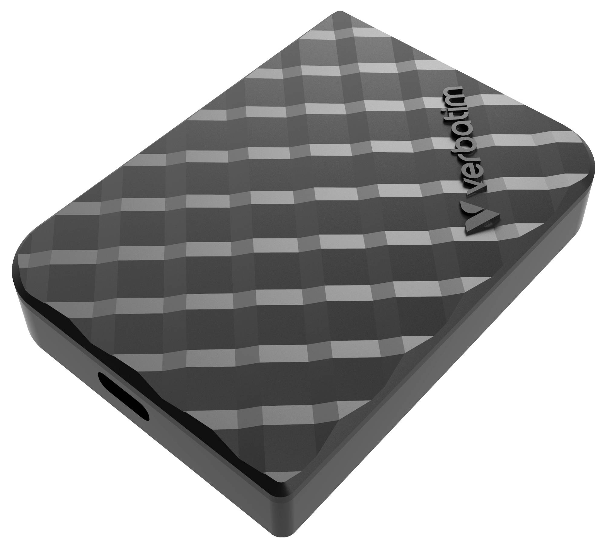 Přenosný externí pevný disk Verbatim v černé barvě s texturovaným kostkovaným povrchem a viditelným USB portem v jednom rohu.