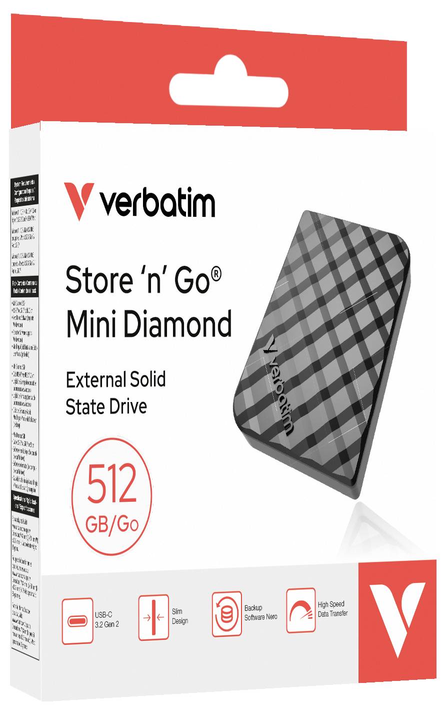 Verbatim Store 'n' Go Mini Diamond 512GB externí solid state disk v balení s obrázkem produktu a ikonami USB 3.0, štíhlého designu, zálohovacího softwaru a rychlého přenosu dat.