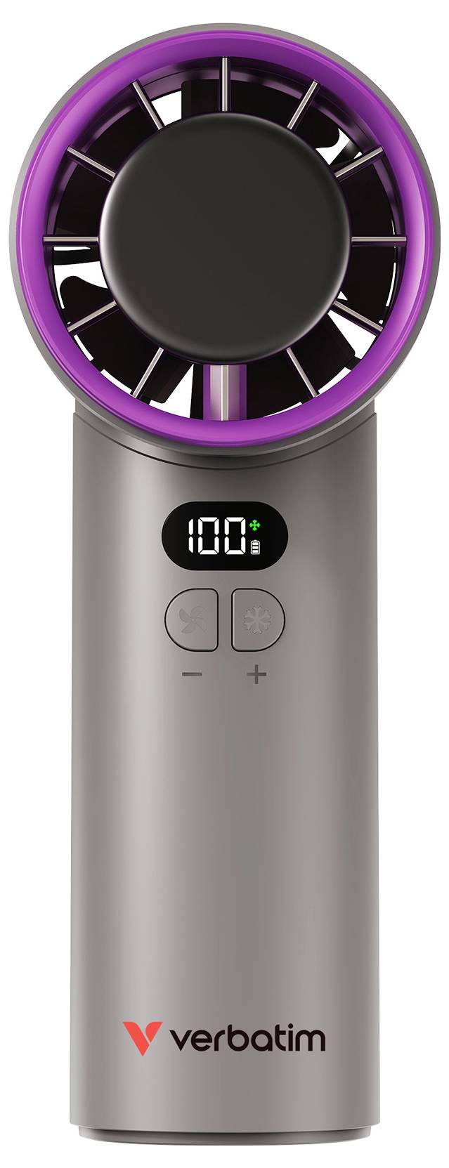 Přenosný ruční bezlopatkový ventilátor Verbatim s fialovým kroužkem, digitálním displejem zobrazujícím 100 a ovládacími tlačítky plus/minus na rukojeti.