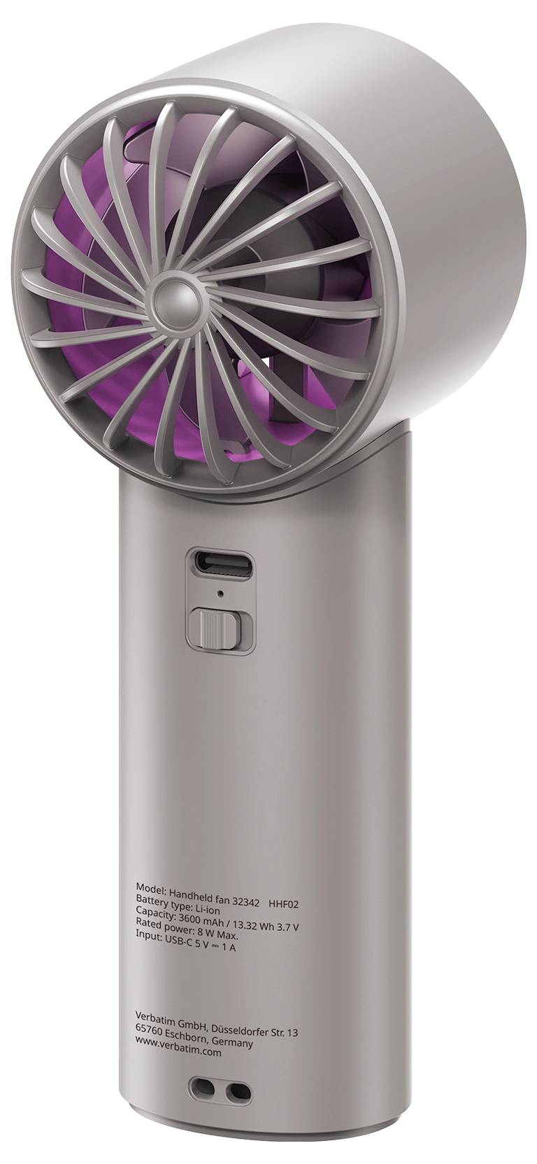 Ruční stříbrný ventilátor s kulatou mřížkou a fialovými lopatkami na válcové podstavě, připomínající přenosný přenosný chladič vzduchu na baterii.