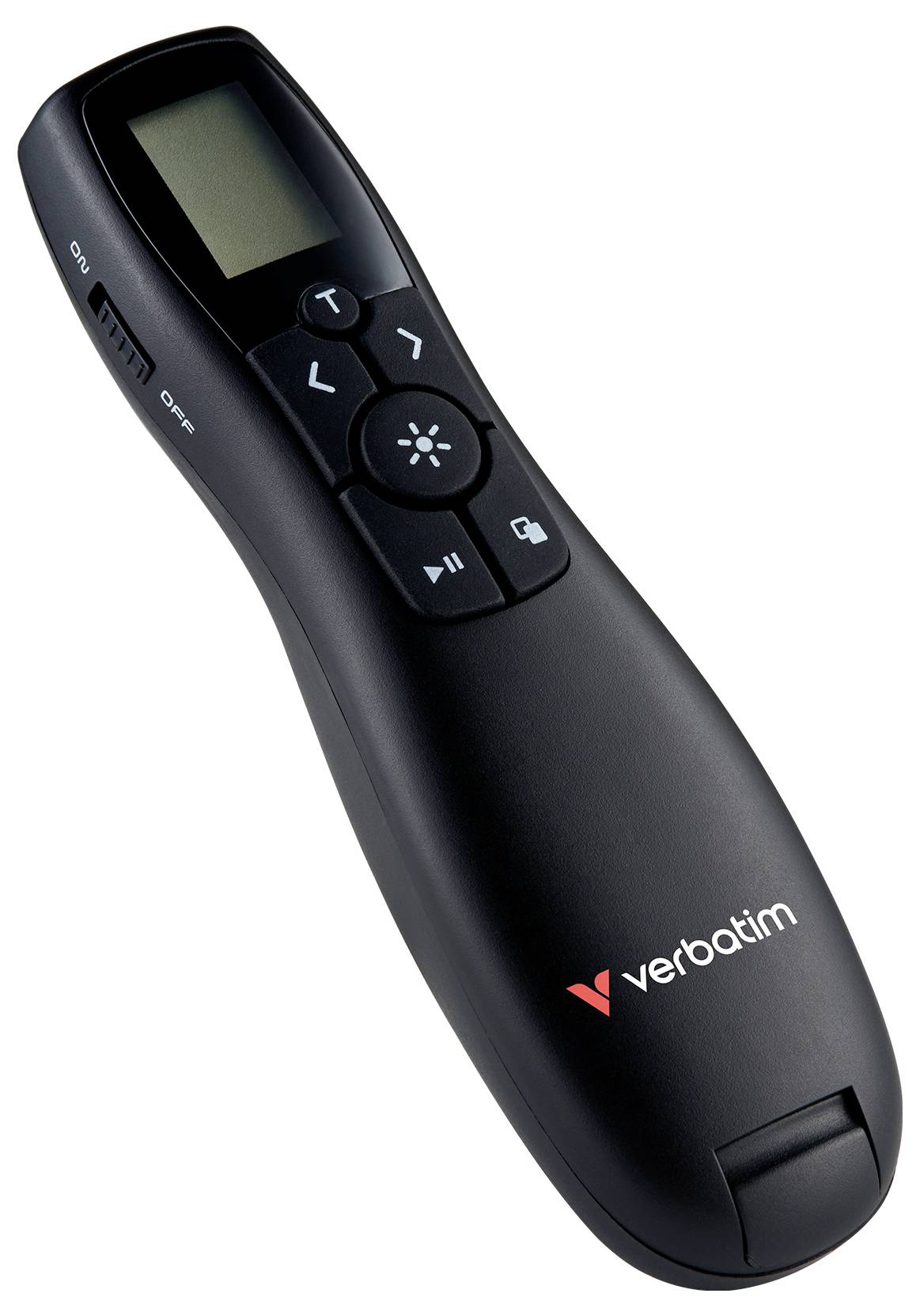 Černý bezdrátový prezentační ovladač Verbatim s LCD displejem a tlačítky pro navigaci po snímcích, laser a ovládání hlasitosti.