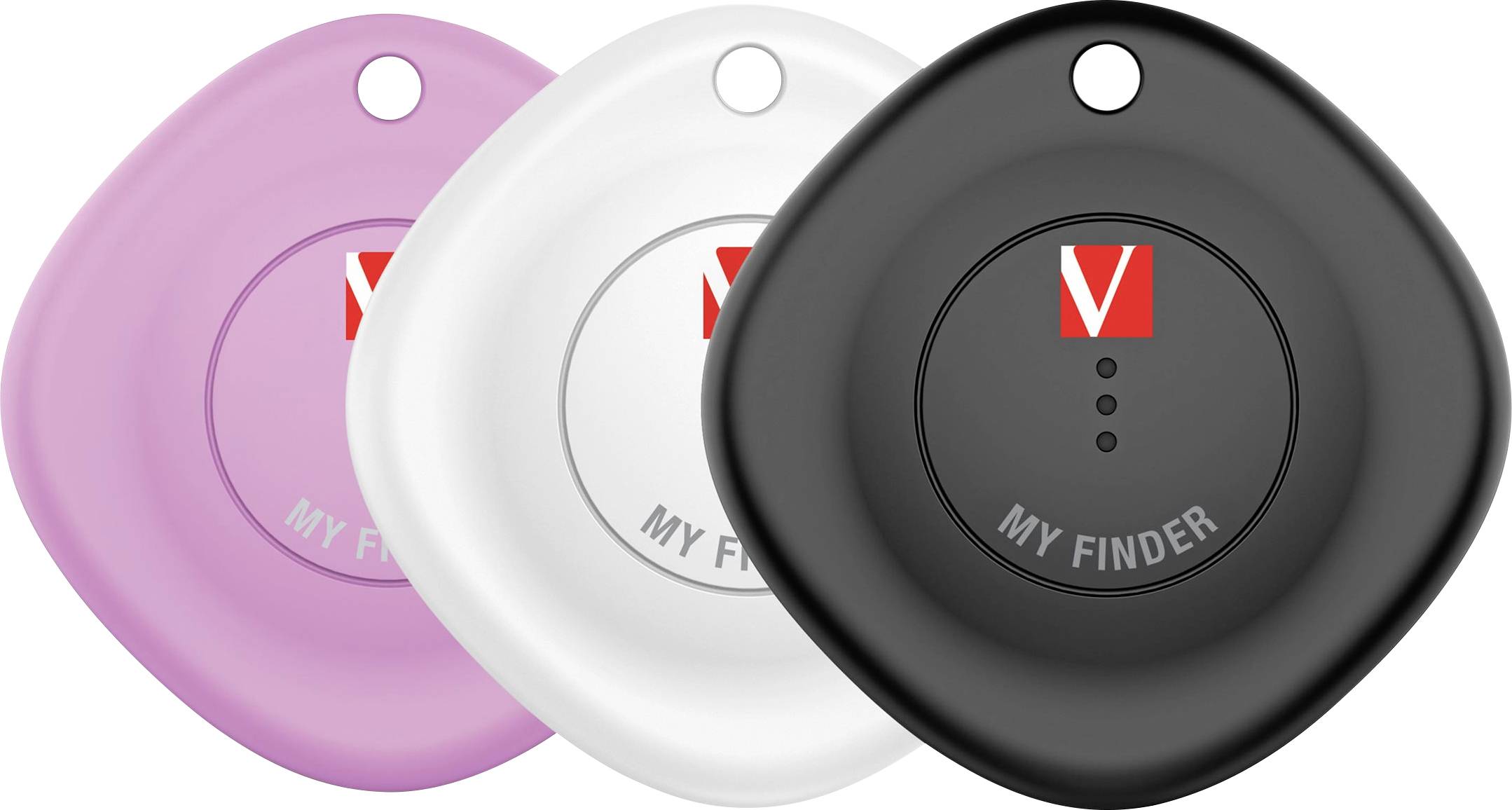 Tři ovální Bluetooth trackery v růžové, bílé a černé barvě, každý s otvorem pro připevnění na klíče nebo tašky a označením "MY FINDER".