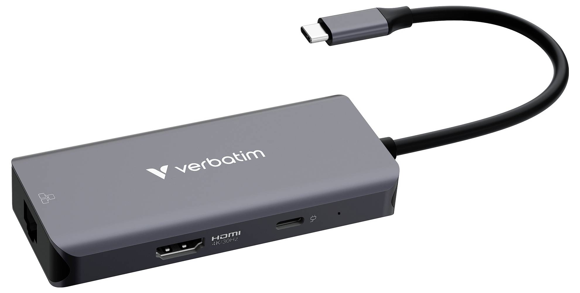 Adaptér USB-C se vstupem HDMI, USB a porty pro paměťové karty, zobrazen s připojeným kabelem USB-C