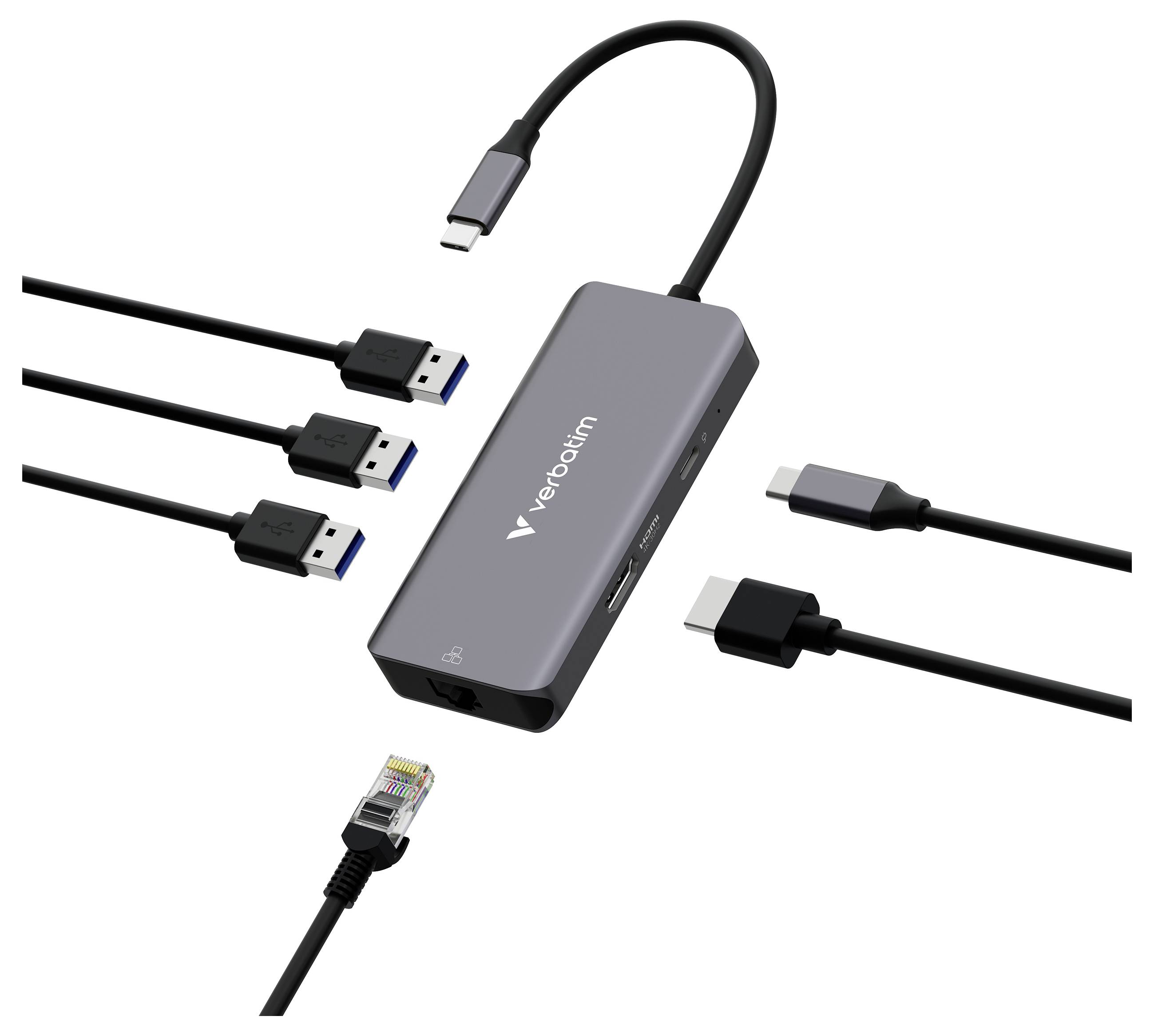 Verbatim USB-C hub adaptér se třemi porty USB-A, portem Ethernet a kabelem pro připojení USB-C zobrazený s připojenými kabely.