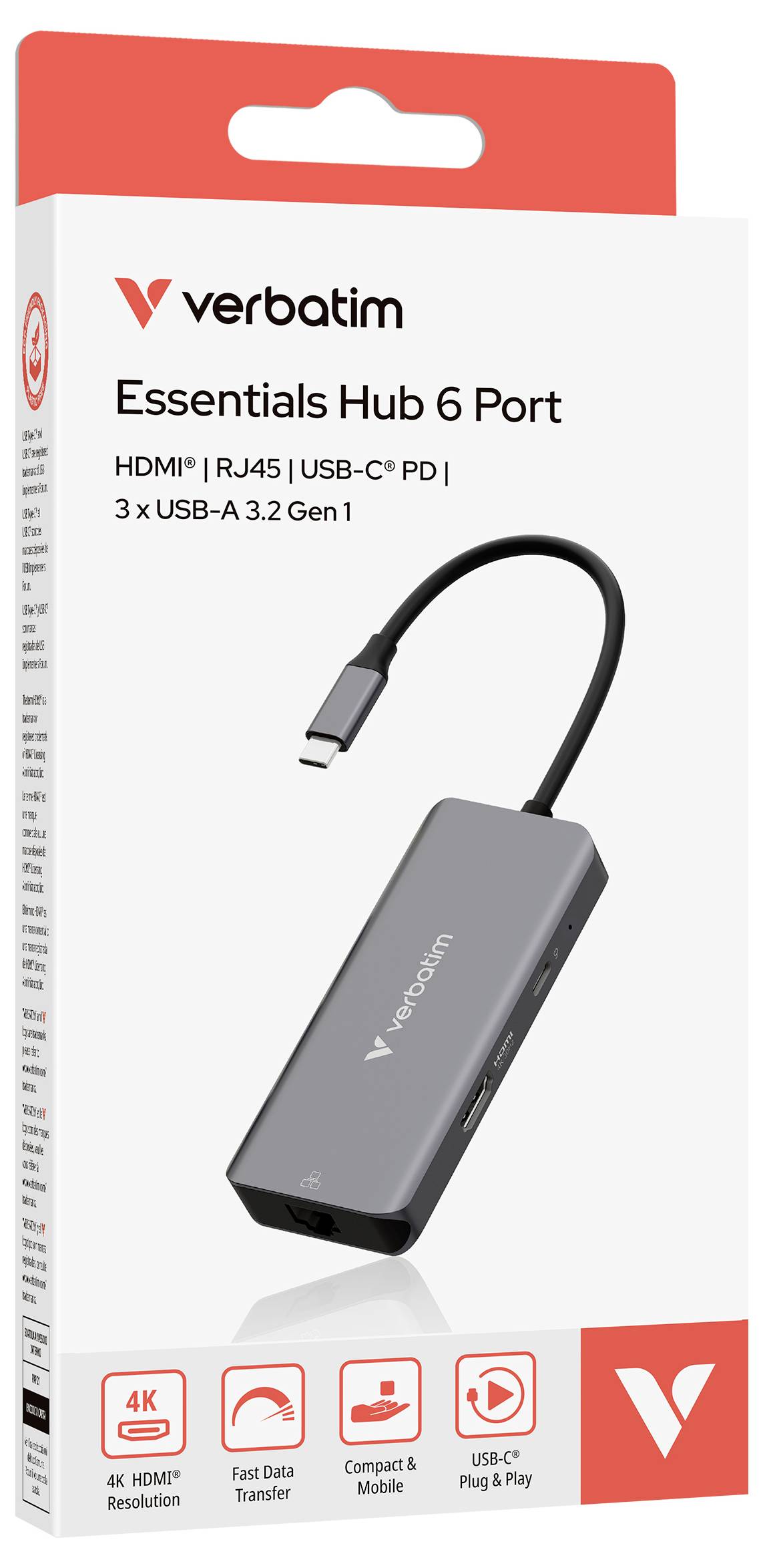 Verbatim Essentials Hub adaptér se 6 porty USB-C, zobrazující HDMI, RJ45, USB-C PD, tři porty USB-A a podporu 4K HDMI.