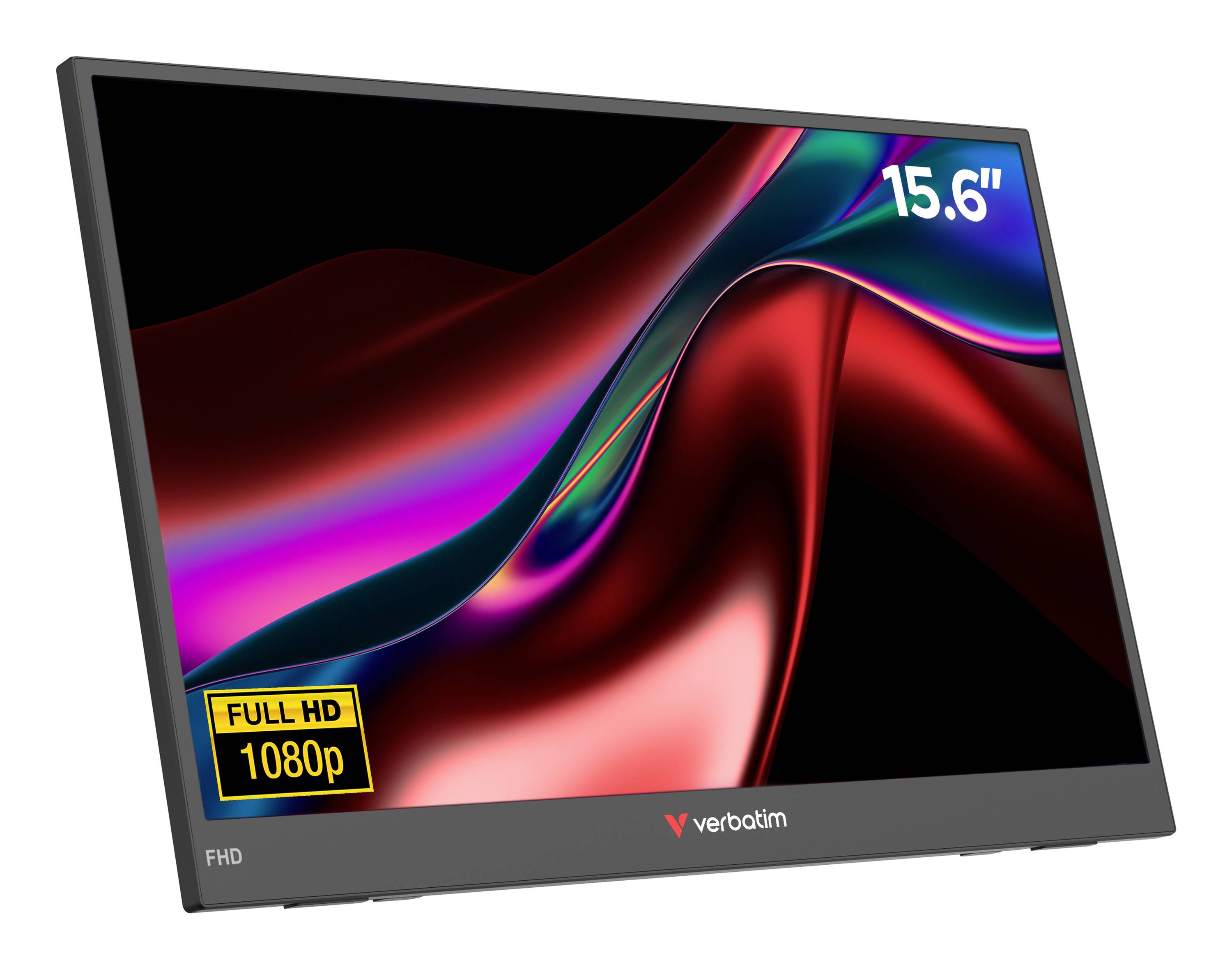 Přenosný monitor Verbatim 15,6 palců s displejem Full HD 1080p zobrazený na obrázku produktu.