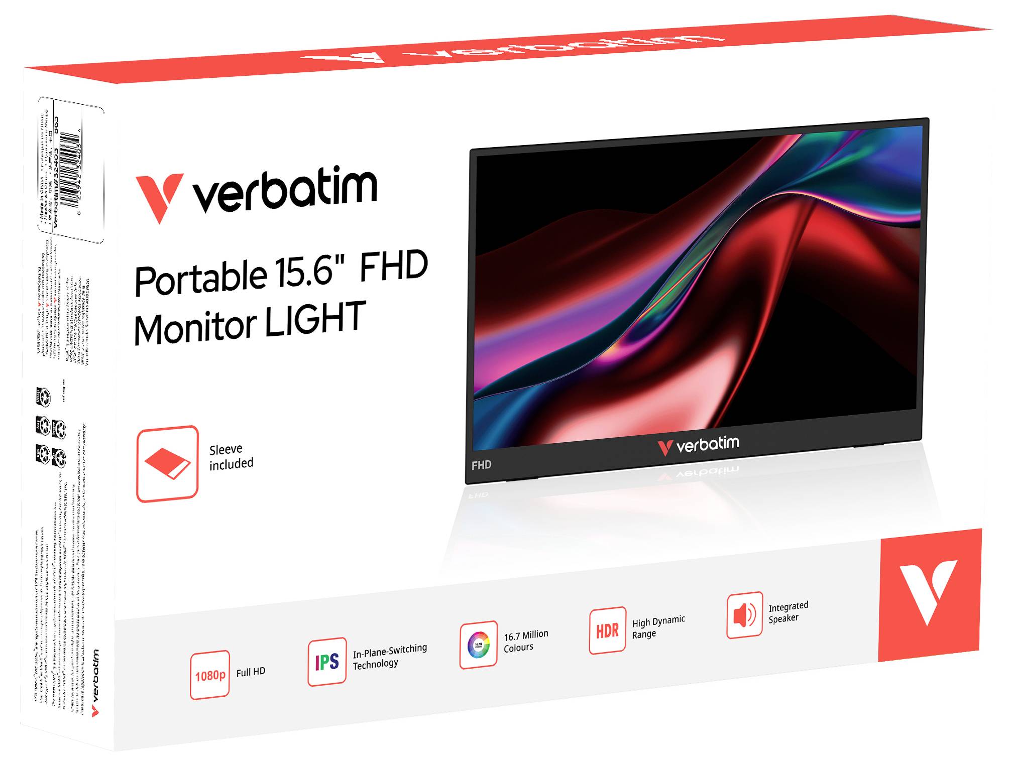 Přenosný monitor Verbatim 15,6 palce FHD LIGHT box, zobrazující monitor, přibalený obal, panel IPS, 16,7 milionu barev, HDR a ikony integrovaného reproduktoru.