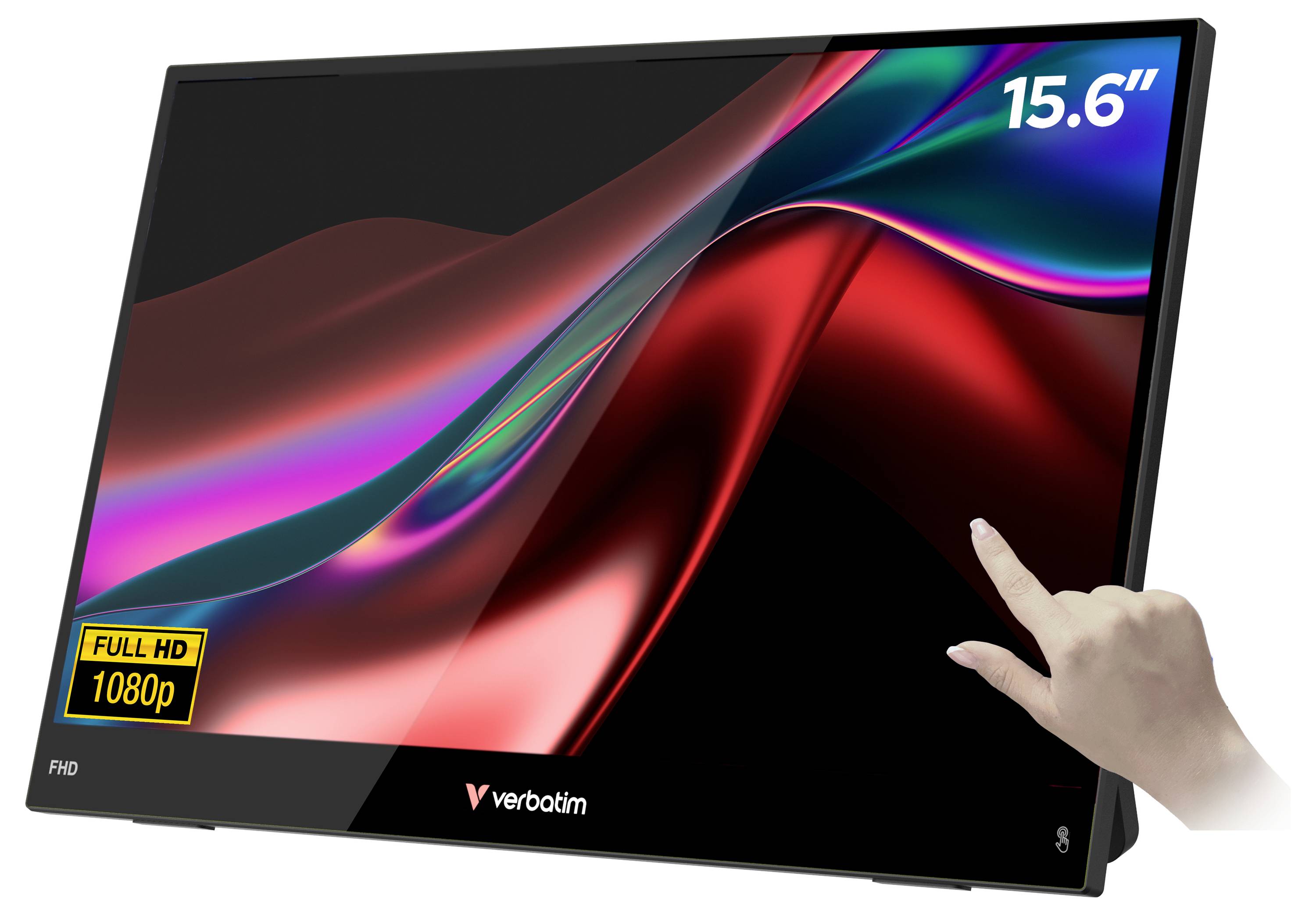 15,6palcový přenosný monitor Verbatim s Full HD 1080p displejem, zobrazený s rukou dotýkající se obrazovky.