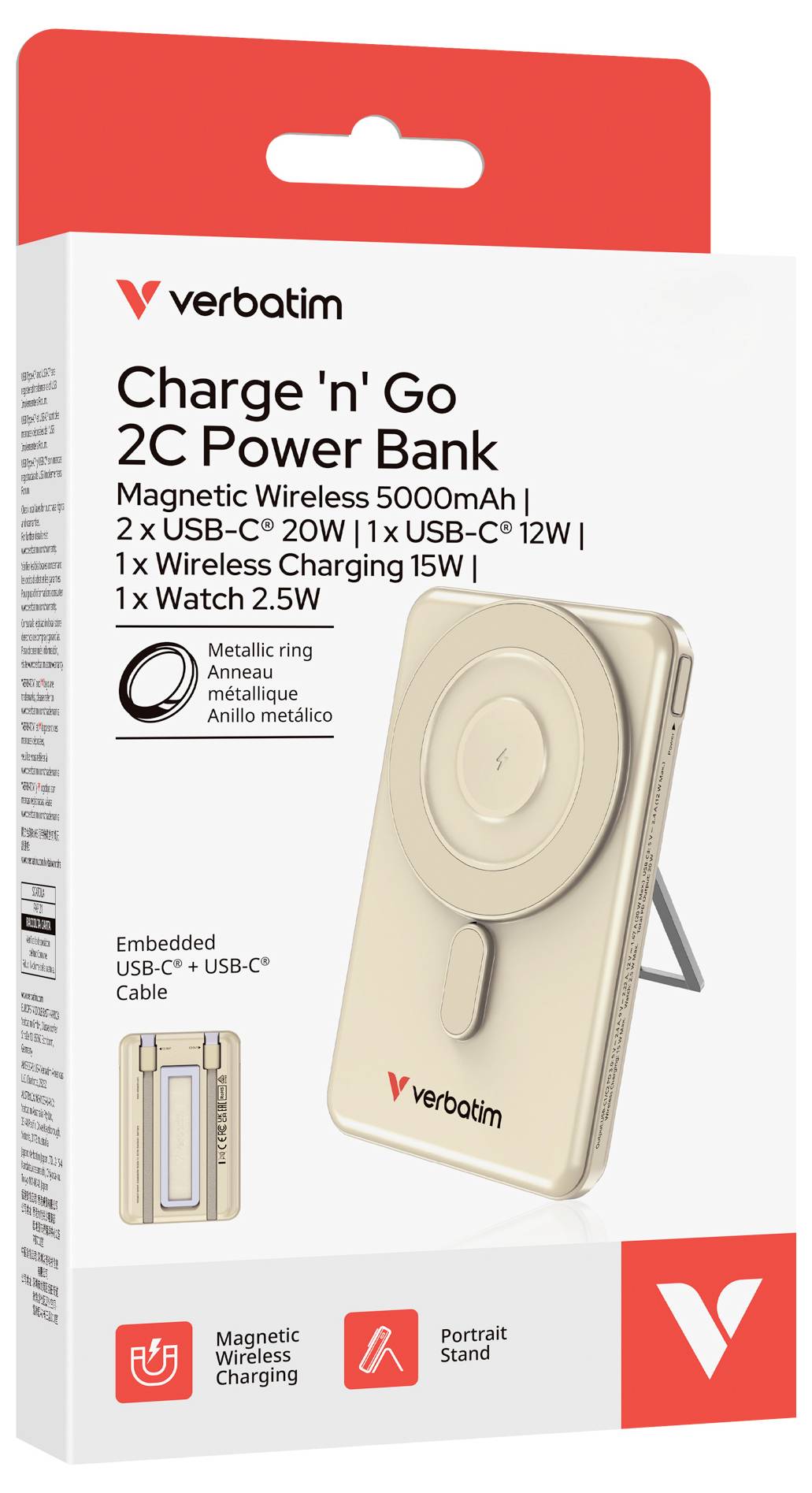 Balíček power banky "Charge 'n' Go" 2C firmy Verbatim, zobrazující zlatou magnetickou bezdrátovou nabíječku s vestavěným stojánkem a kabelem USB-C.