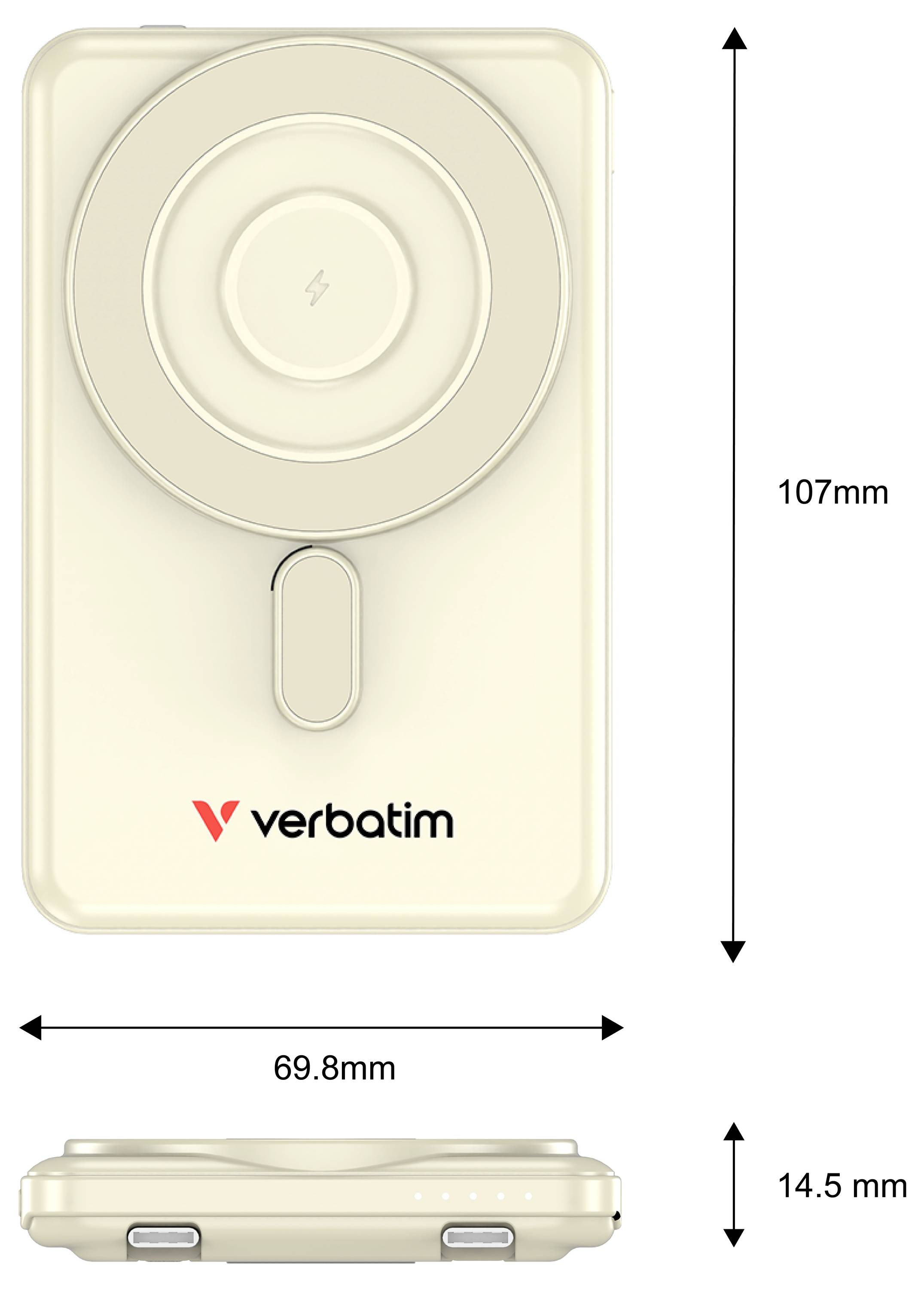 Diagram produktu bezdrátové nabíječky Verbatim s pohledem zepředu a zprava s rozměry 107 mm vysoká, 69,8 mm široká a 14,5 mm silná.