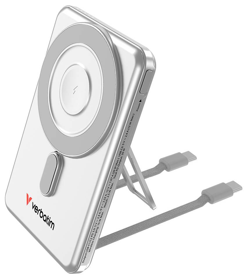 Stříbrný magnetický bezdrátový nabíjecí stojan s vyklapovacím podstavcem a dvěma přiloženými kabely USB-C, značka Verbatim.