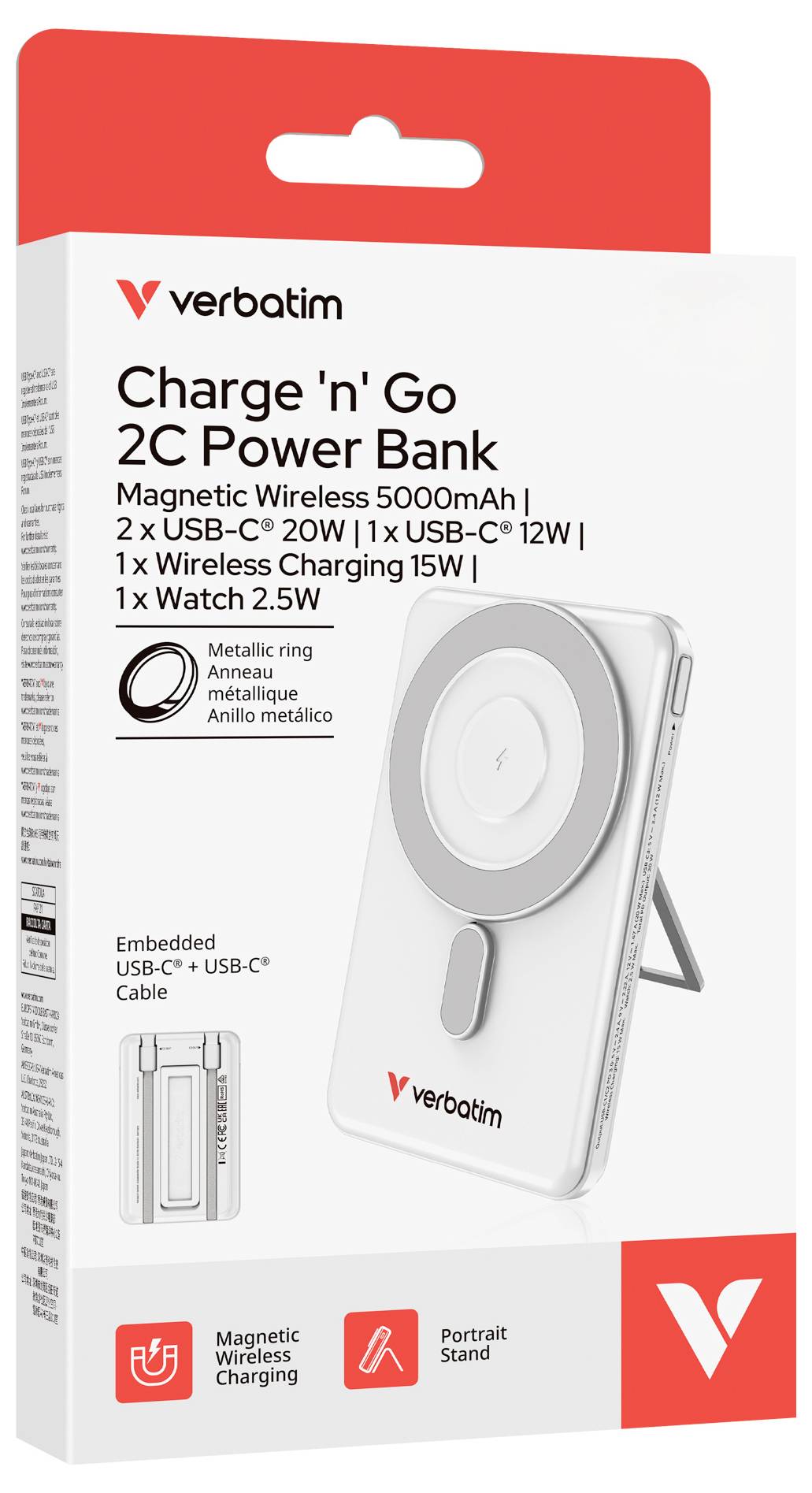 Verbatim Charge 'n' Go 2C Power Bank balení, zobrazující magnetickou bezdrátovou baterii 5000mAh s funkcemi nabíjení USB-C, USB-A, Apple Watch a kabelem.