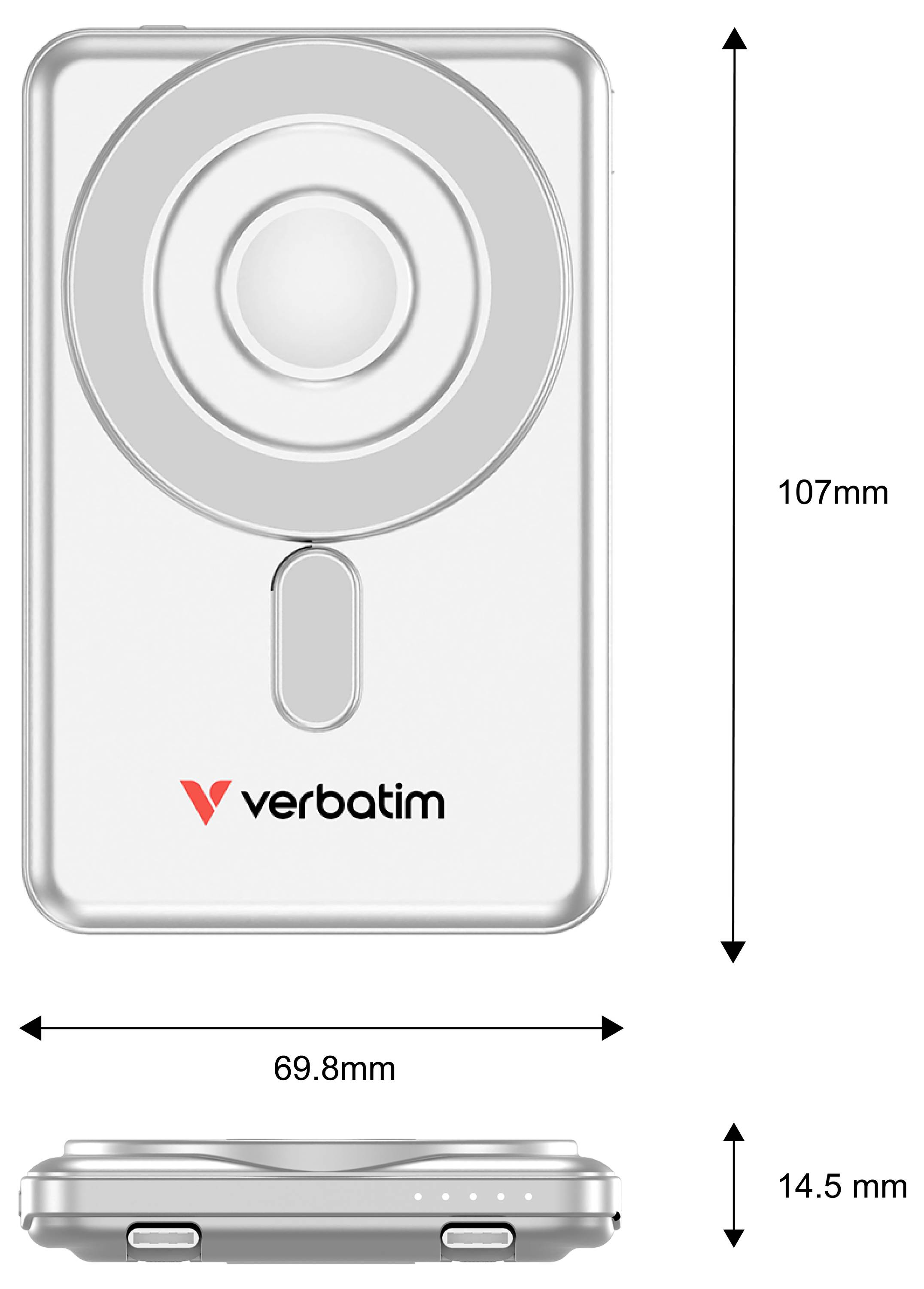 Diagram produktu zařízení Verbatim s rozměry: výška 107 mm, šířka 69,8 mm a tloušťka 14,5 mm, s pohledem zepředu a ze strany.